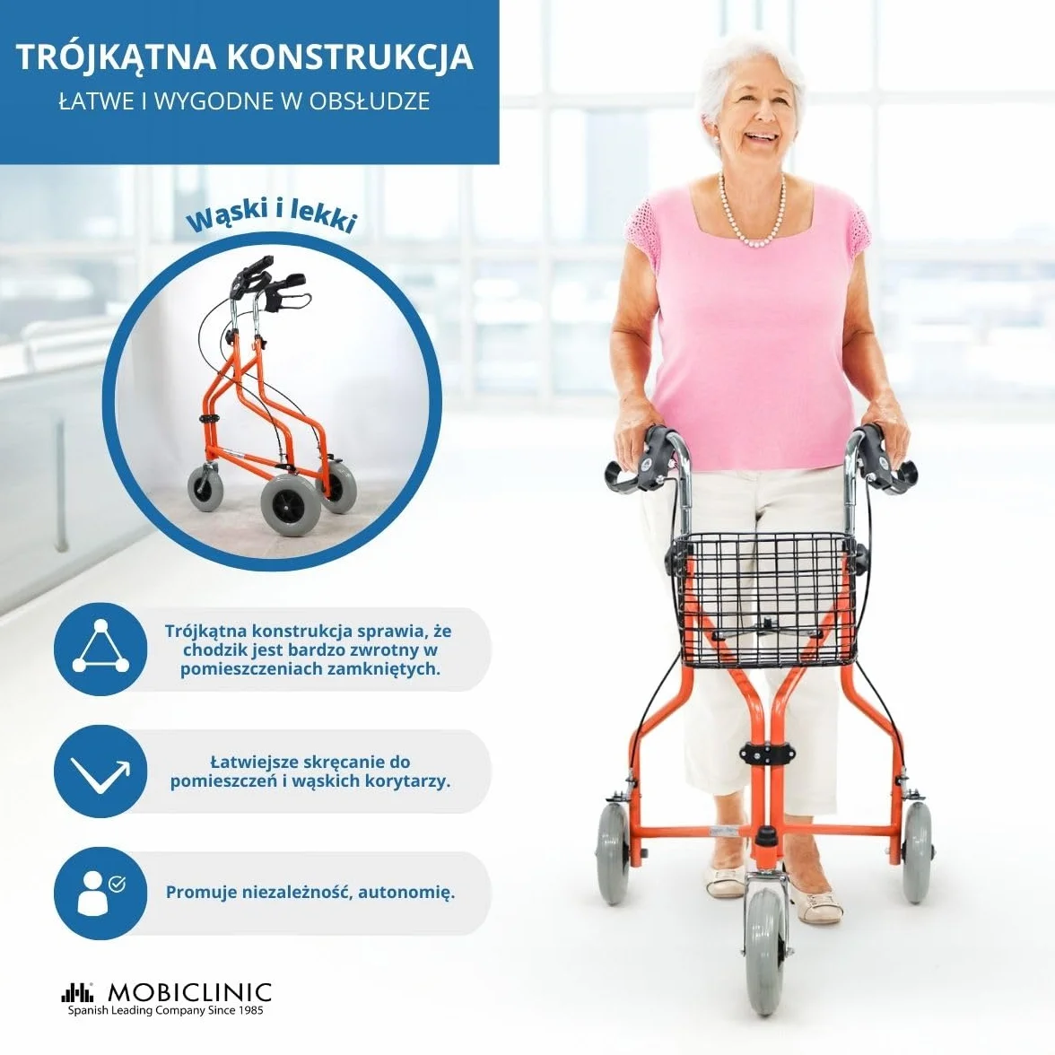 Mobiclinic Caleta Podpórka trzykołowa z koszykiem i hamulcem na rączkach Pomarańczowy