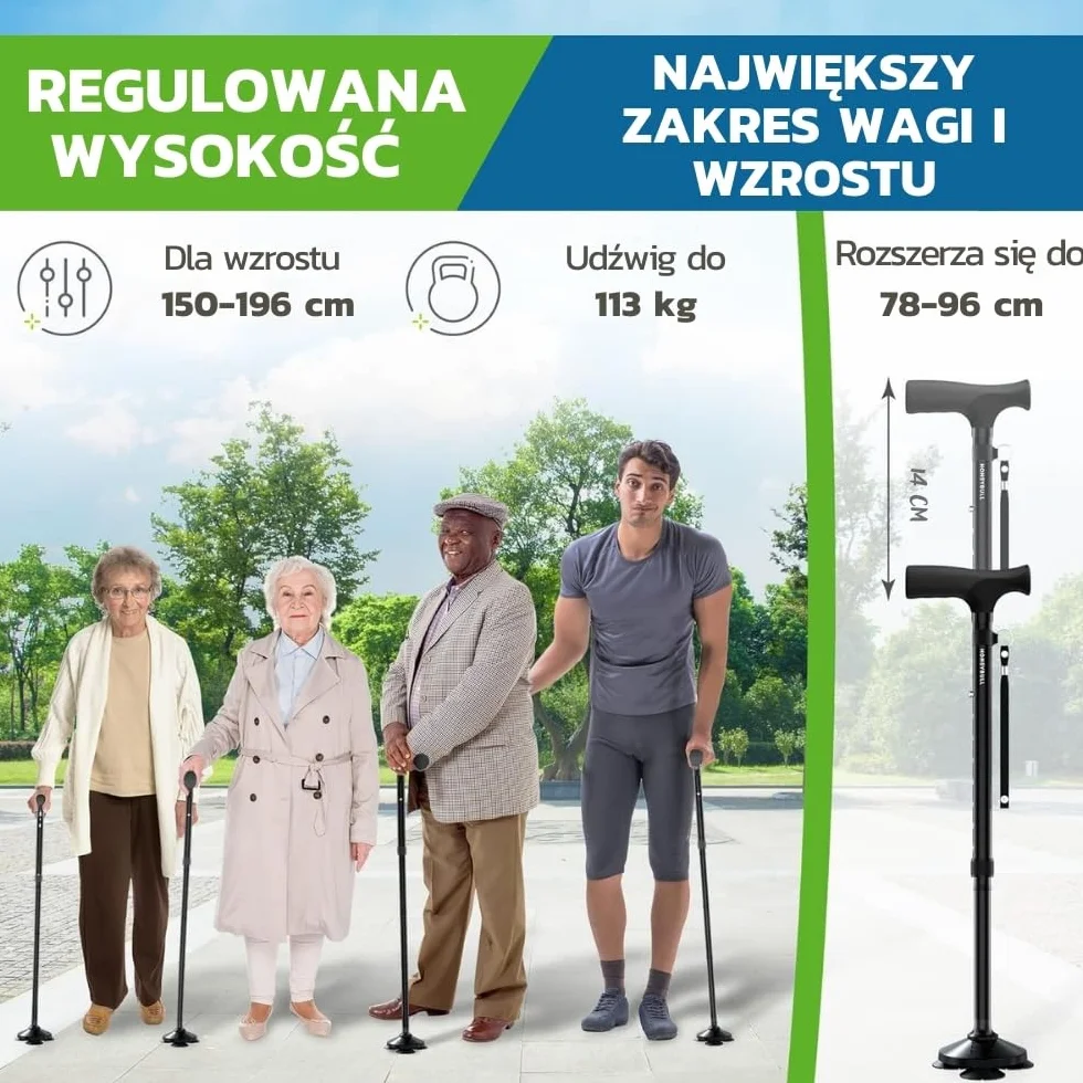 HONEYBULL Laska do Chodzenia Składana Regulowana Wolnostojąca Obrotowa Końcówka
