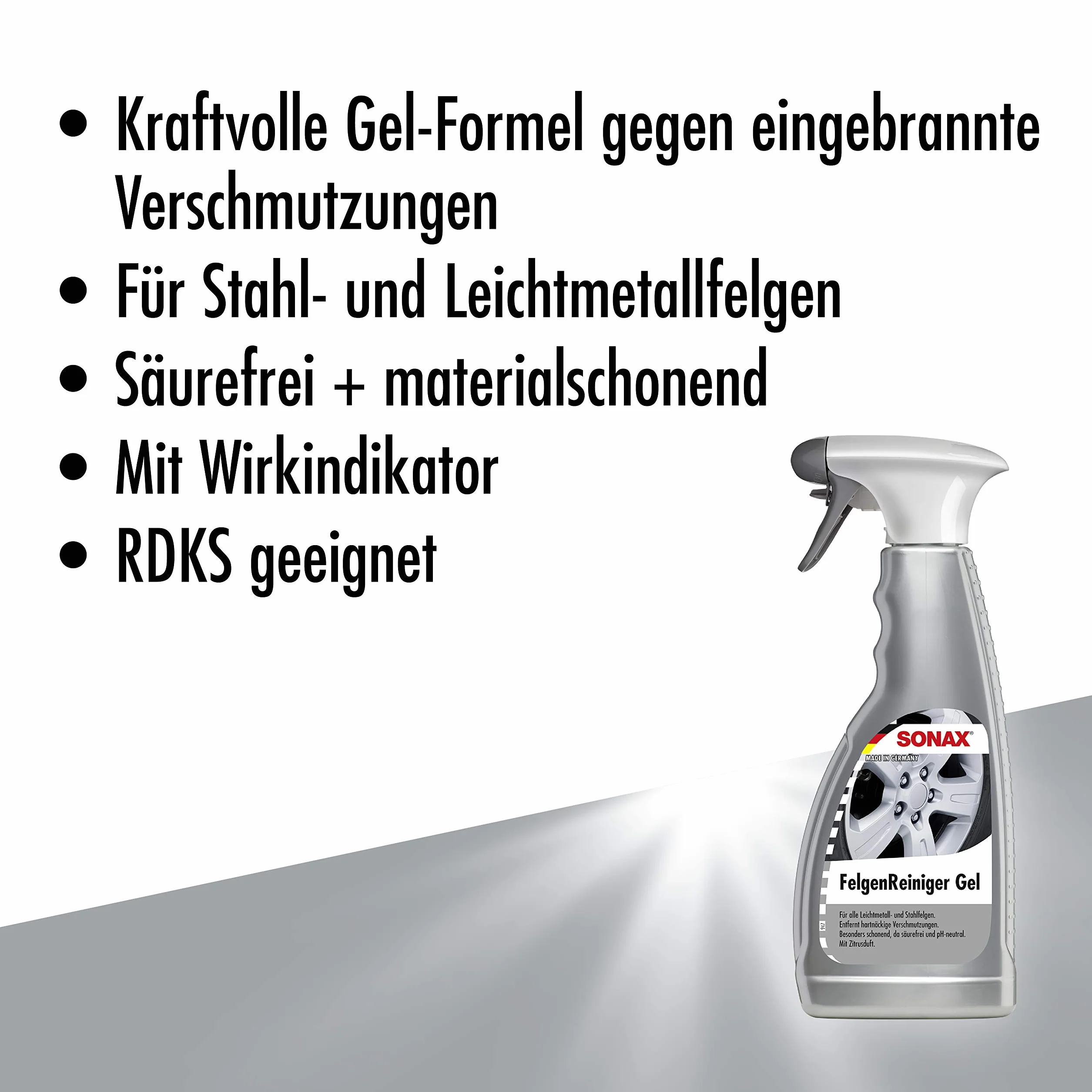 SONAX Żel do czyszczenia felg (500 ml) nie zawiera kwasów do felg z metali lekkich i stalowych o silnej formule żelowej, usuwa pył hamulcowy, pozostałości oleju i brud uliczny | Nr art. 04292000
