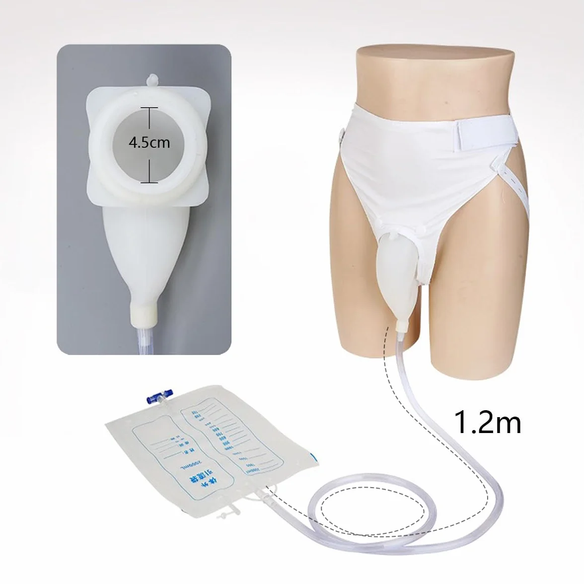 Torebki na mocz dla mężczyzn z silikonu, urinal z 2 torebkami na cewnik