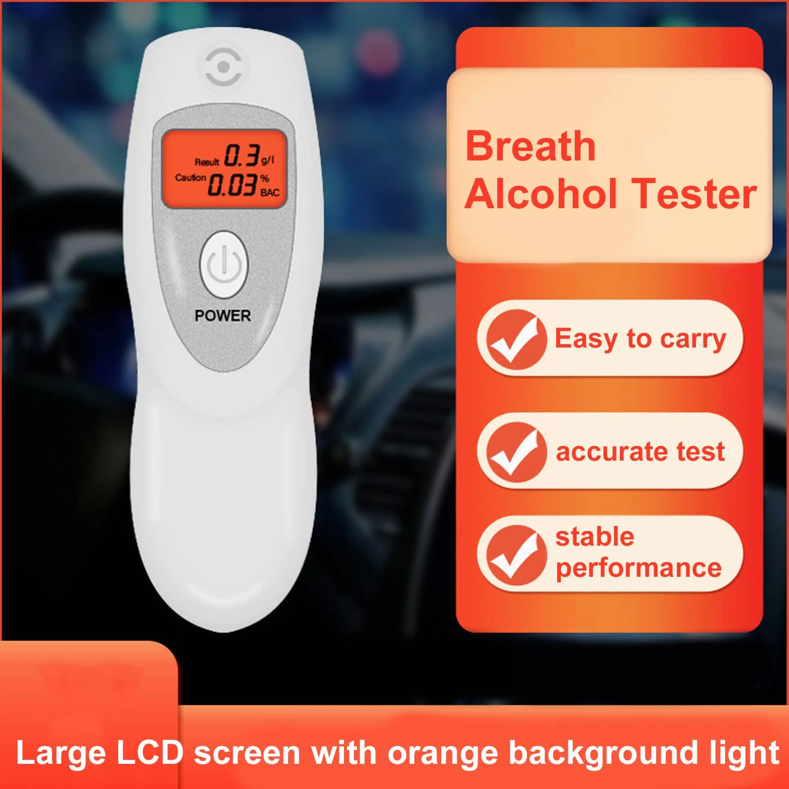 Alkomat, osobisty miernik alkoholu z cyfrowym wyświetlaczem LCD, zakres 0,00-0,19% BAK, czuły czujnik, łącznie z tasiemką do noszenia