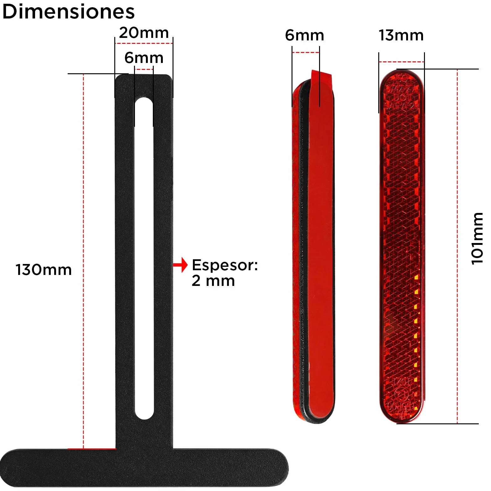 polarmotor Reflektor odblaskowy do motocykla z tyłu E4, z długim uchwytem T (długość 130 mm), wąski, 101 x 13 x 6 mm, czerwony, uniwersalny kocie oczy