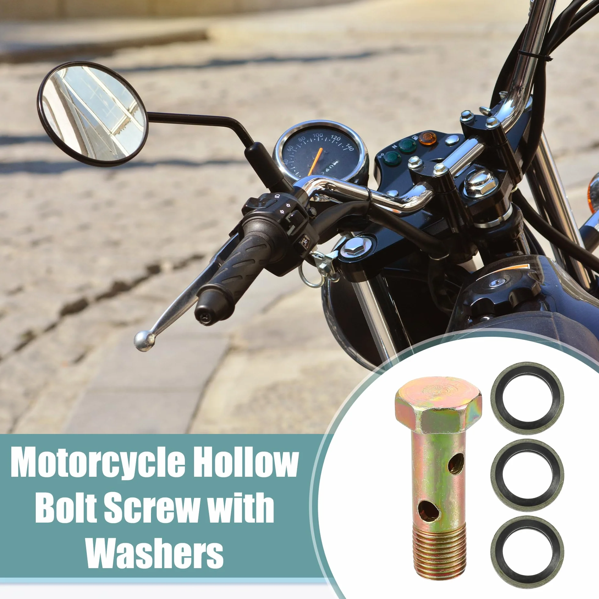 QUARKZMAN Uniwersalne śruby z drążkami motocyklowymi M10 x 1, długość 38 mm, 4-otworowe, z podkładkami, zestaw śrub drążonych, gwint metryczny, odcień brązu, opakowanie 8 sztuk