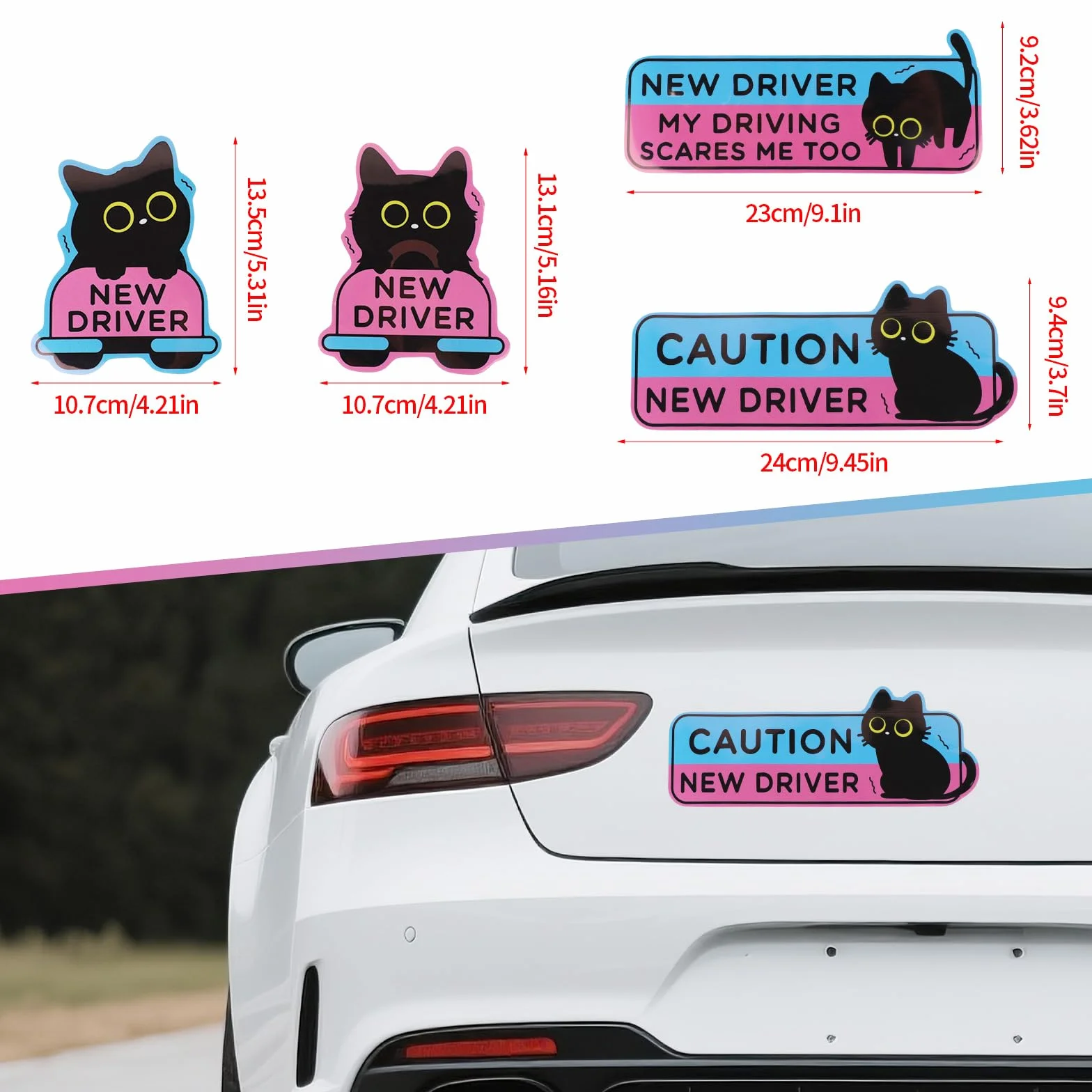4szt Magnesy Samochód Czarny Kot New Driver, Drżący Kot Kreskówki Znaki Ostrzegawcze Kursantów Magnetyczne Naklejki Zderzakowe Zabavne Naklejki Samochodowe dla Nowych Kierowców Prezent