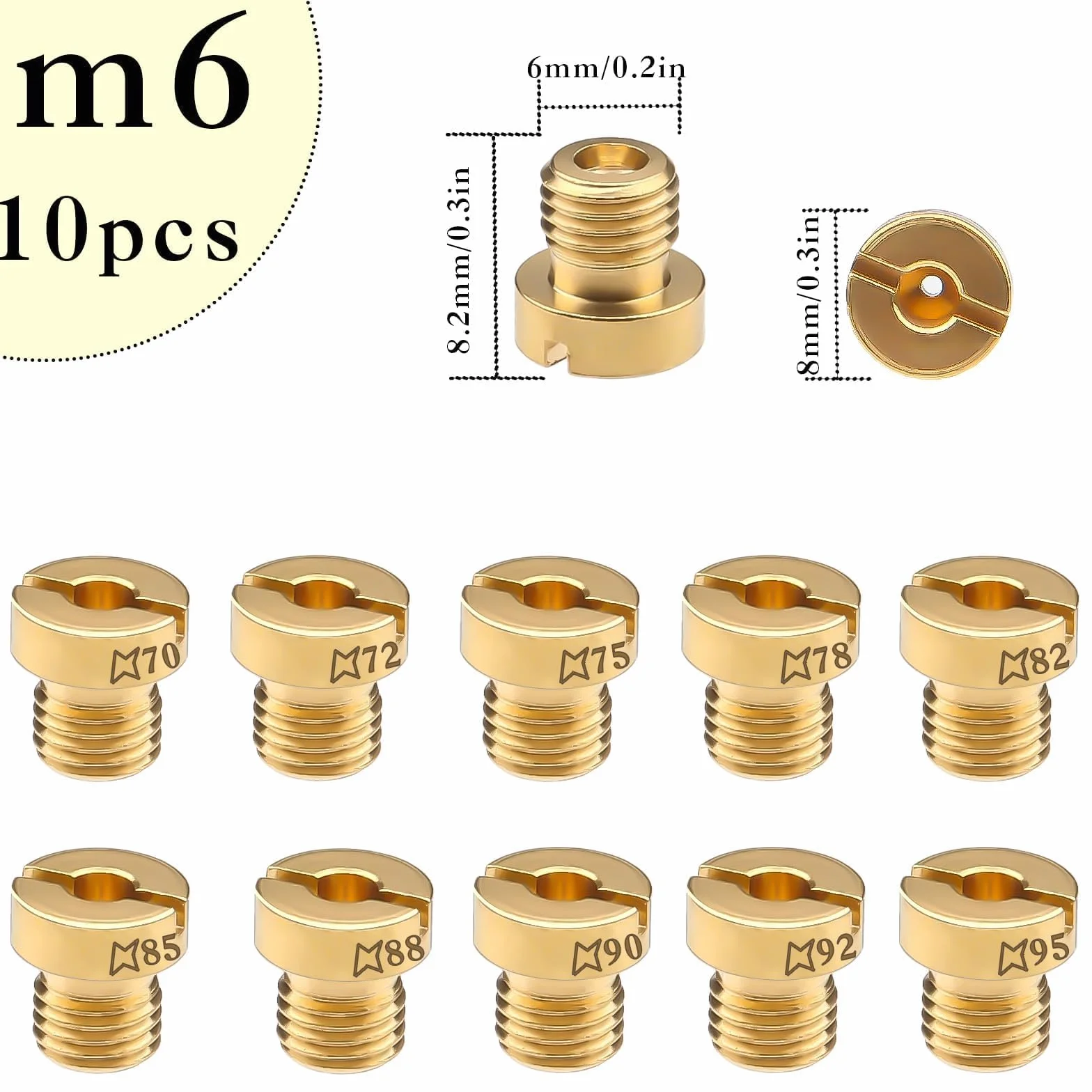 10 sztuk dysz gaźnika M6, komplet dysz głównych, zestaw dysz gaźnika (70-95) 70, 72, 75, 78, 82, 85, 88, 90, 92, 95, dysze gazowe do grilla gazowego, skuterów, motocykli, skuterów przełączalnych