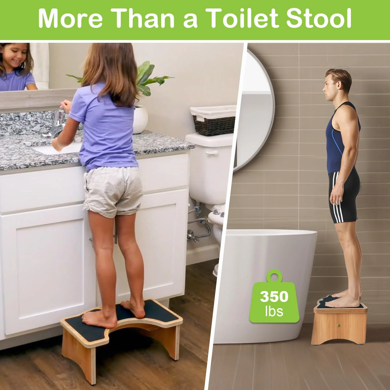 StrongTek Squatting Toilet Stool, Wood Bathroom Step Stool with Anti Slip Layer, 350 lbs Capacity, Portable, No Installation