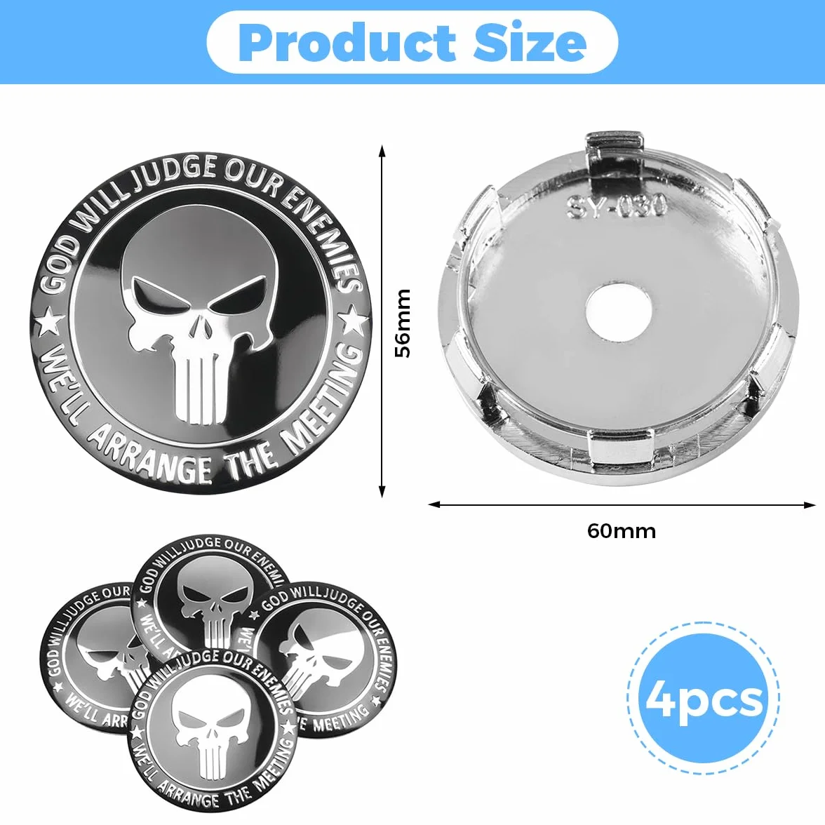 Punisher uniwersalne srebrne kołpaki na felgi aluminiowe, 60 mm, naklejki na kołpaki z trupią czaszką, dekoracyjne, do felg samochodowych, tuningu, akcesoria do kołpaków kół