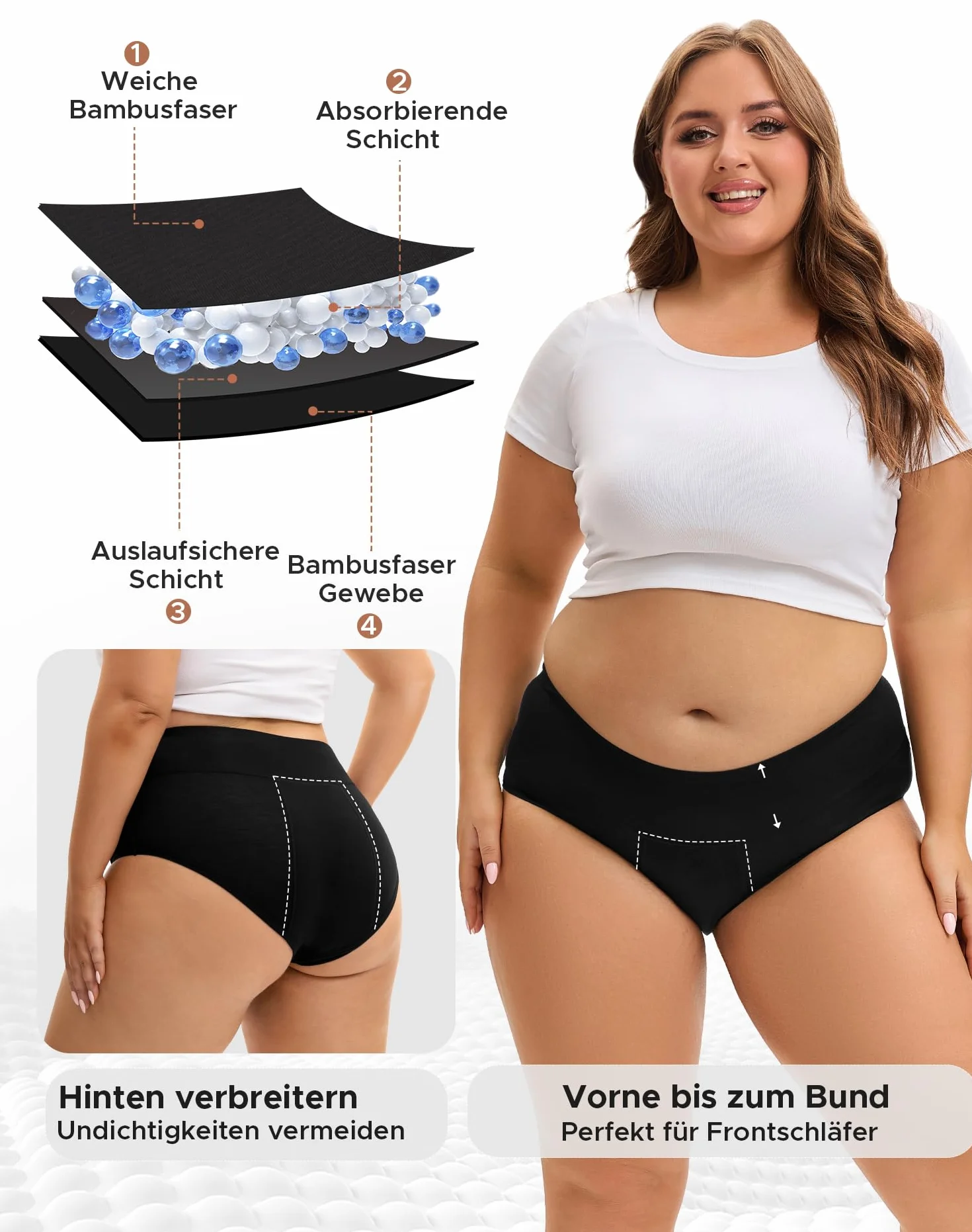 INNERSY Bielizna okresowa bambusowe majtki menstruacyjne duże rozmiary 44-62 3 sztuki