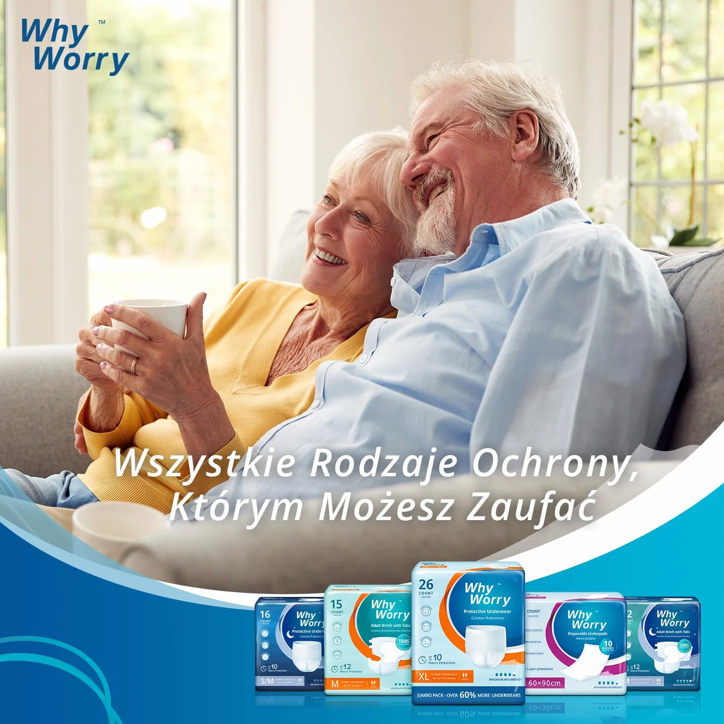 WhyWorry Bielizna na nietrzymanie moczu dla Dorosłych, Pieluchy Majtki inkontynencyjne, Chłonne przez noc, Rozmiar XXL, 96 Sztuk