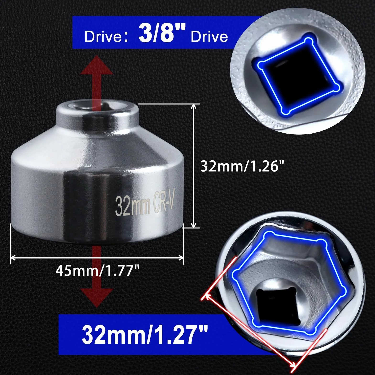 SPEEDWOX Klucz nasadowy filtra oleju 32 mm niskoprofilowy klucz do filtra oleju narzędzie do usuwania filtra oleju 6-punktowe gniazdo napęd 3/20.3 cm kompatybilny z GM, Volkswagen, Pontiac Chevrolet