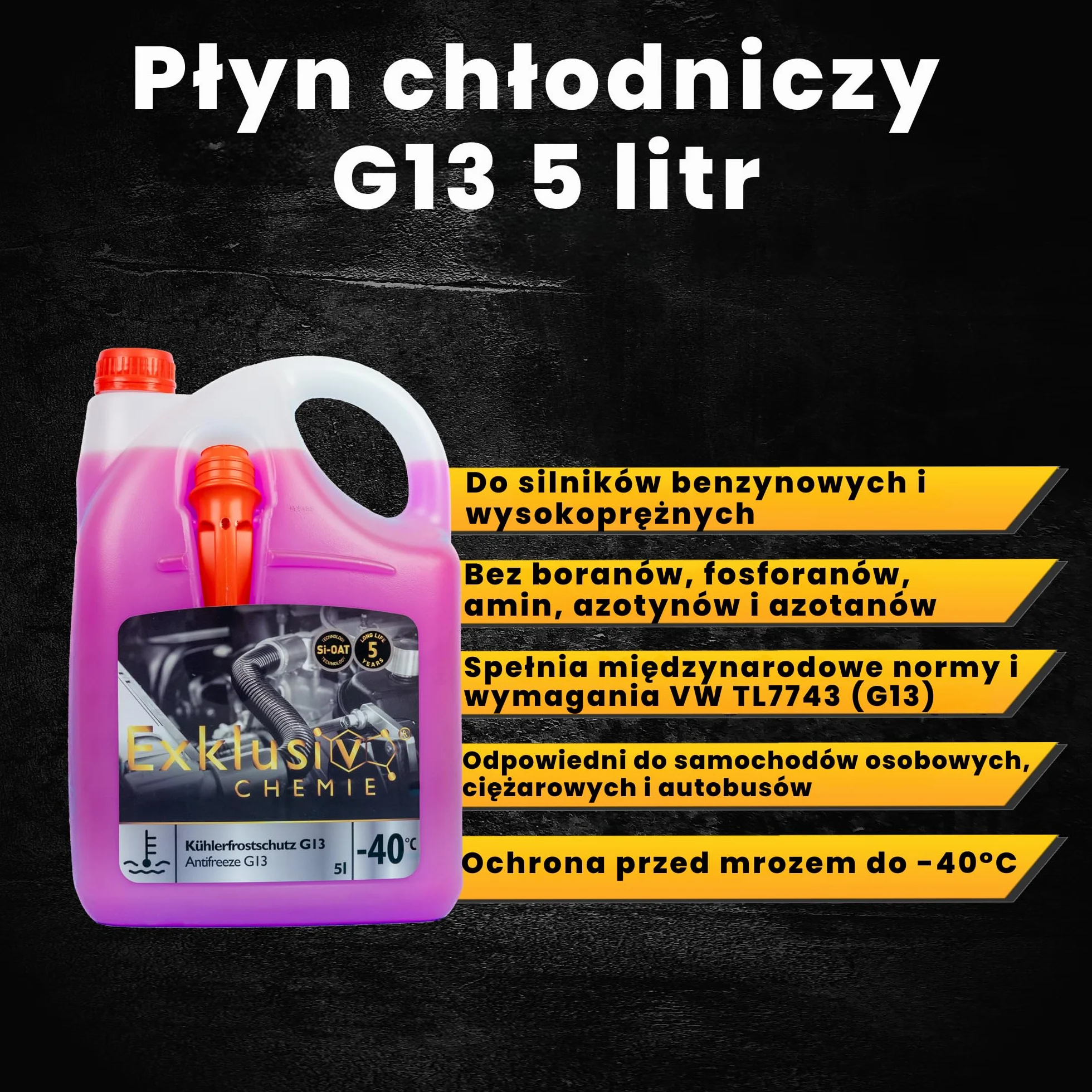 Exklusiv Chemie 5 liter G13 Radiator Antifreeze 5 år | Kylvätska bil till -40° | G13 Coolant car | Klar för användning | Långvarigt skydd av motordelar