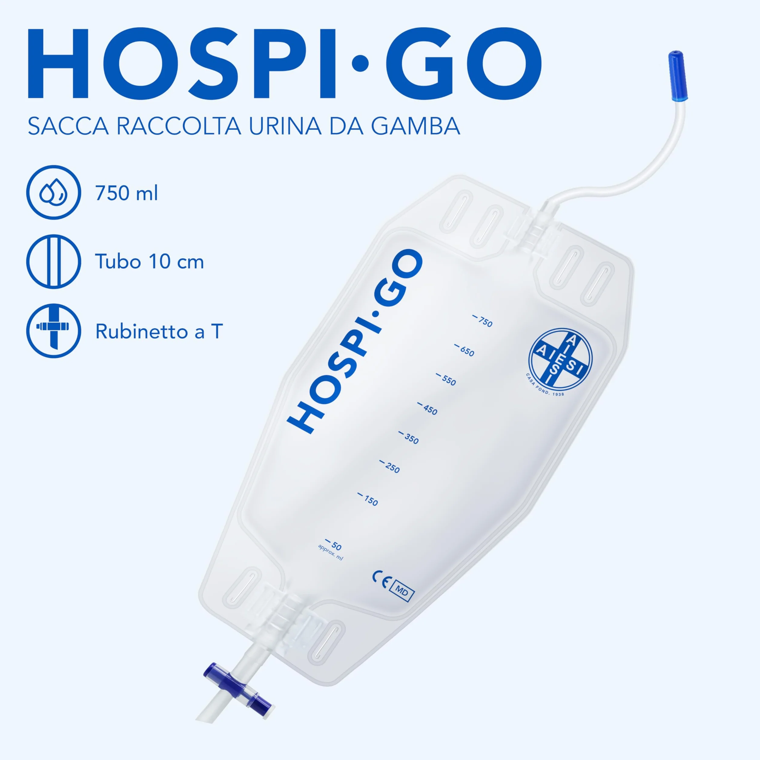 AIESI Worki na mocz 750 ml z rurką 10 cm i zaworem antyrefluksowym, opakowanie 10 sztuk