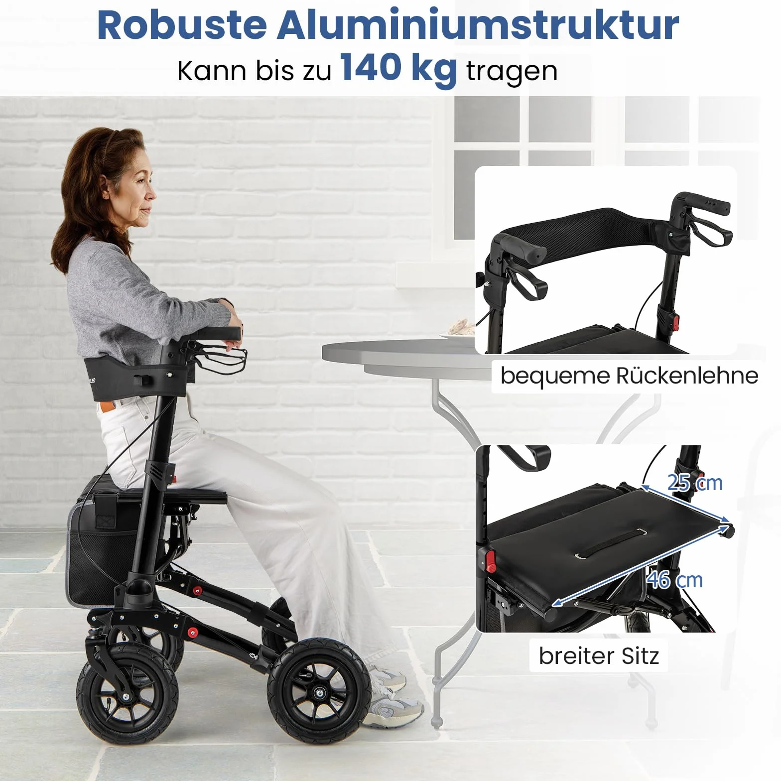 COSTWAY Chodzik z oponami pneumatycznymi składany aluminiowy do 140 kg 2 w 1 wózek inwalidzki i solator podróżny z 7-stopniową regulacją wysokości