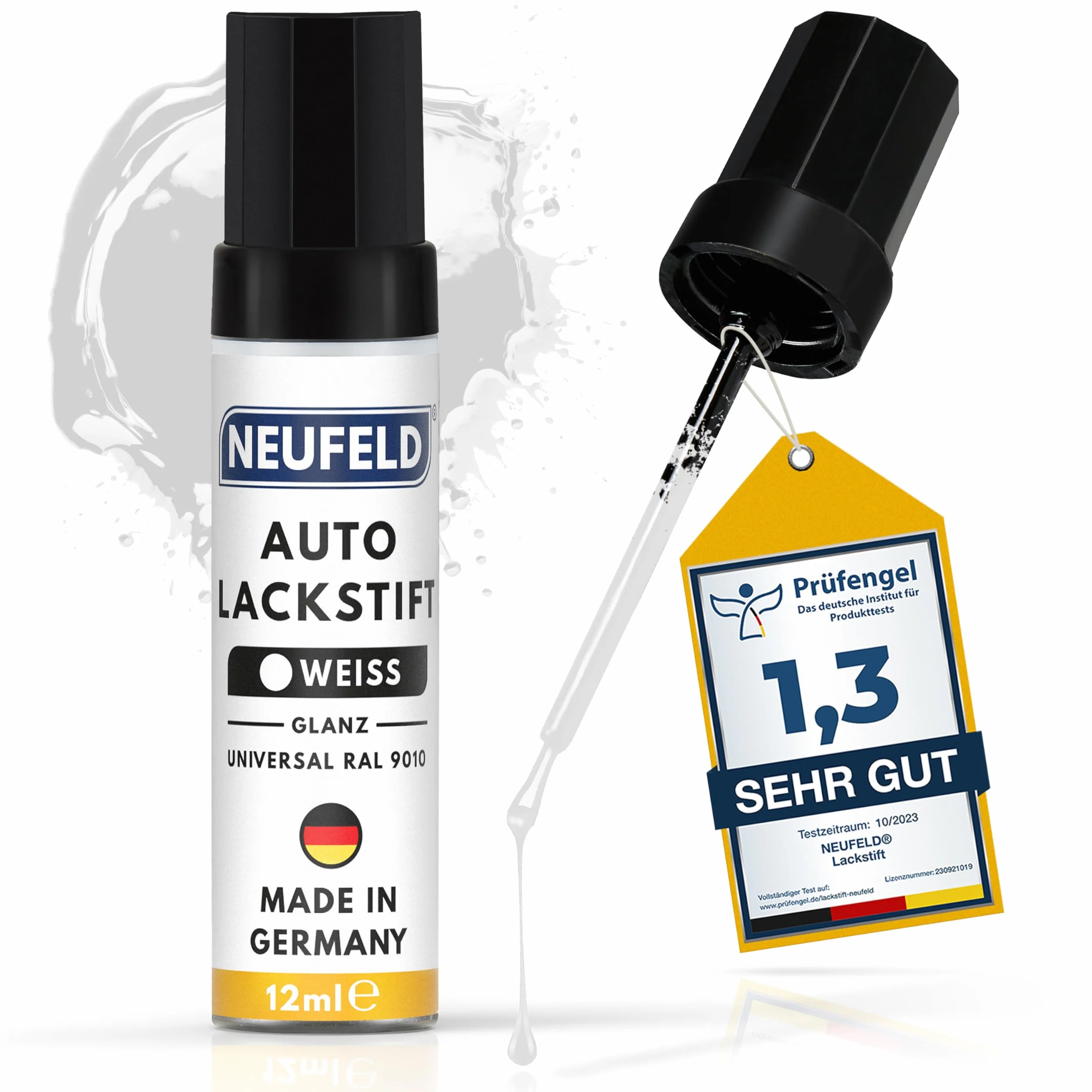 NEUFELD® Pisak do lakieru, biały, błyszczący [12 ml] – pisak do lakieru samochodowego o dużej sile krycia – lakier samochodowy biały przeciwko zarysowaniom – gruby (biały)