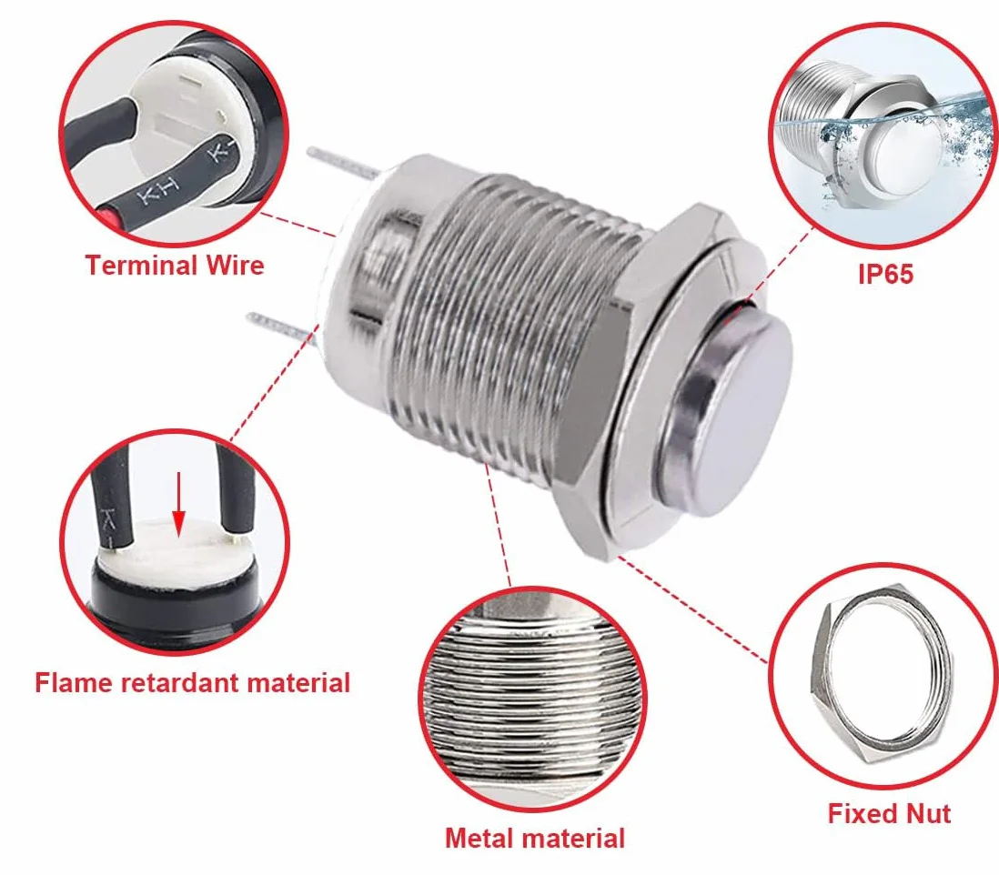 RUNCCI-YUN chwilowy wodoodporny przycisk ze stali nierdzewnej 12 mm 12 V 2 A okrągły przycisk włączania/wyłączania