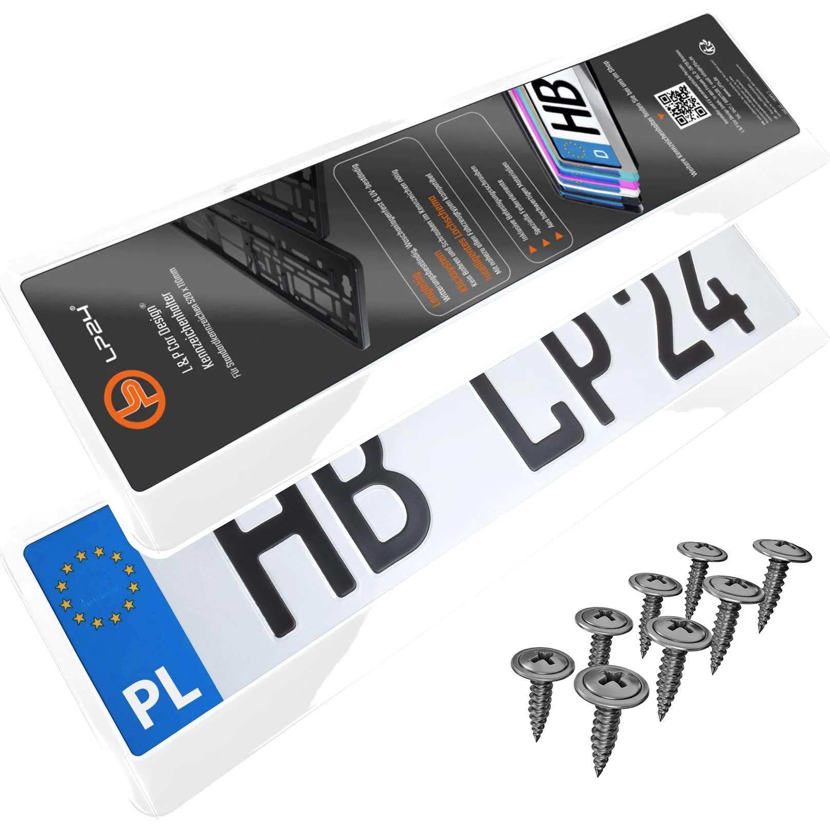 2x Uchwyt tablicy rejestracyjnej - trwały i bezpieczny - 8 śrub - biały połysk - 520x110 mm - Ramka do tablic rejestracyjnych - pasuje do każdego samochodu - dla polskich tablic PL - uniwersalny