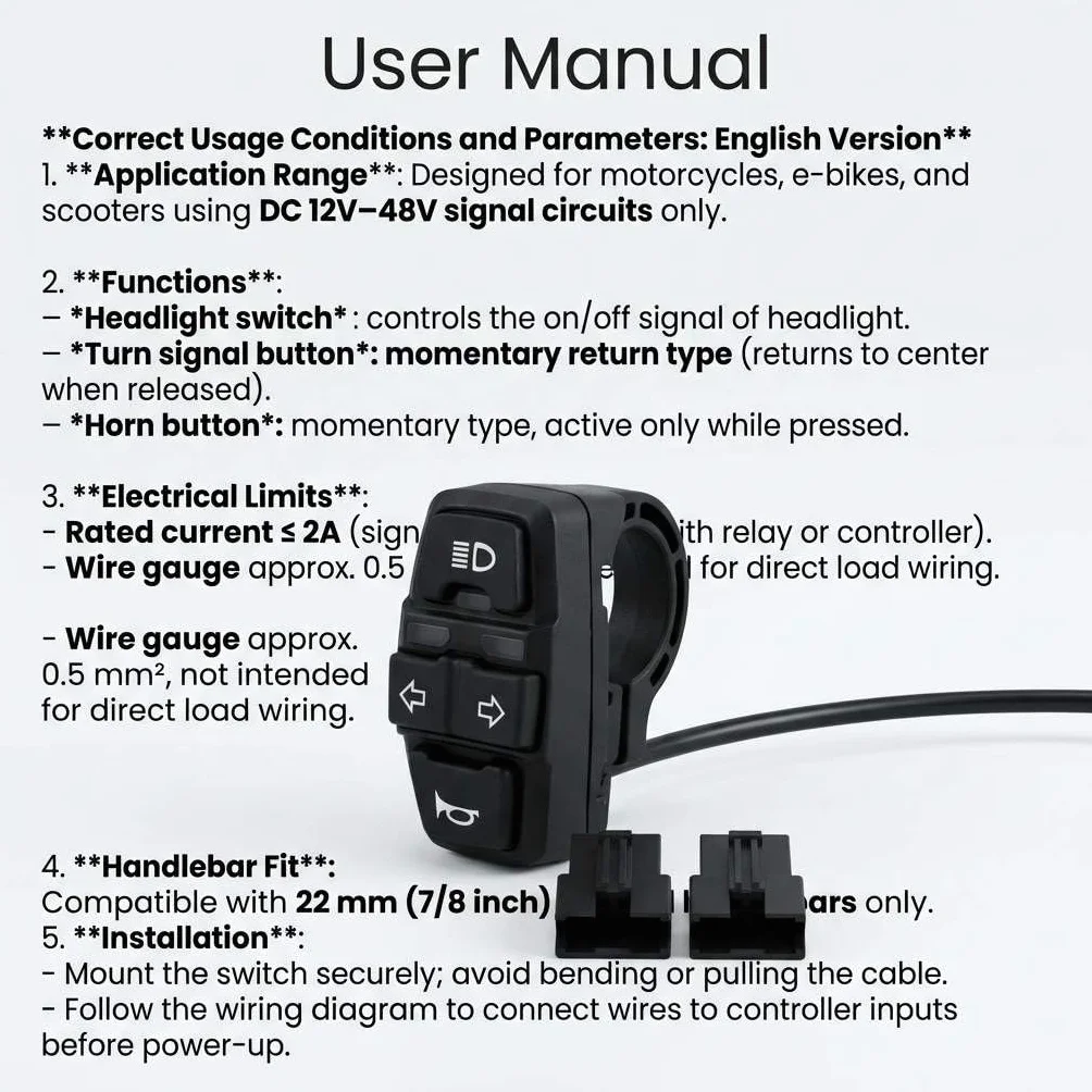 QWORK® Motorcycle Head Light Turn Switch, 3-in-1 Bike Headlight Horn on/Off Control Switch, 7/8" Motorcycle Handlebar Control Switch, for Scooter Electric Bike