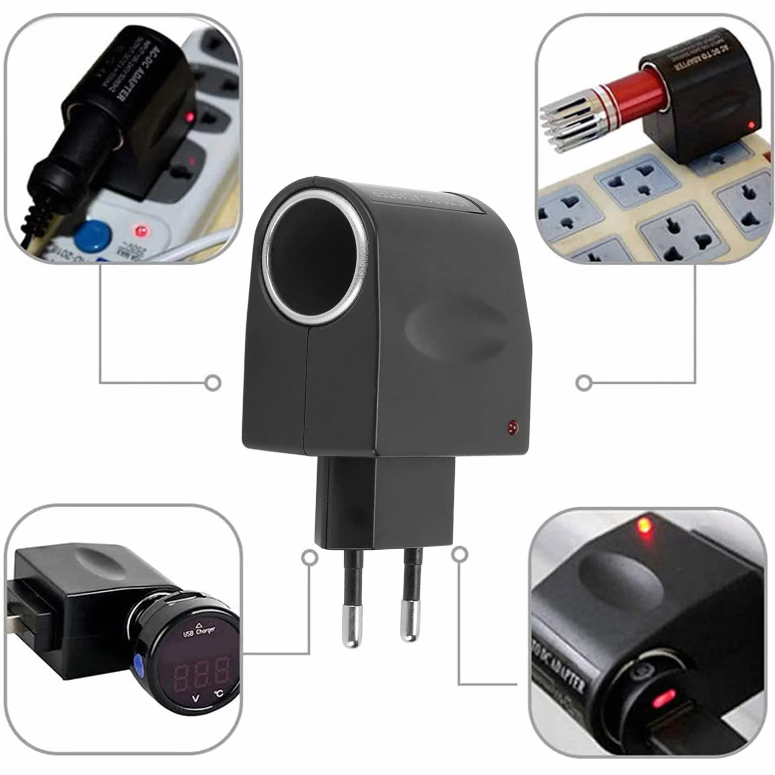 Uniwersalny Adapter do Zapalniczki Samochodowej 240 V AC na 12 V DC, Adapter Wtyczki Samochodowej, Konwerter Zasilania ze Wskaźnikiem LED, do Elektronicznych Materiałów (wtyczka
