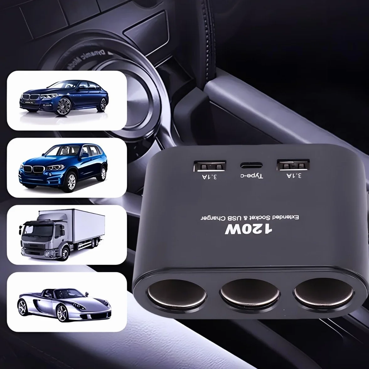 Retoo rozdzielacz zapalniczki 3-gniazdowy, ładowarka samochodowa z 2x USB 1x Type C, adapter z kablem splitter 23cm, gniazdo 12V 24V 120W Power Delivery Quick Charge do samochodu, ciężarówki, campera