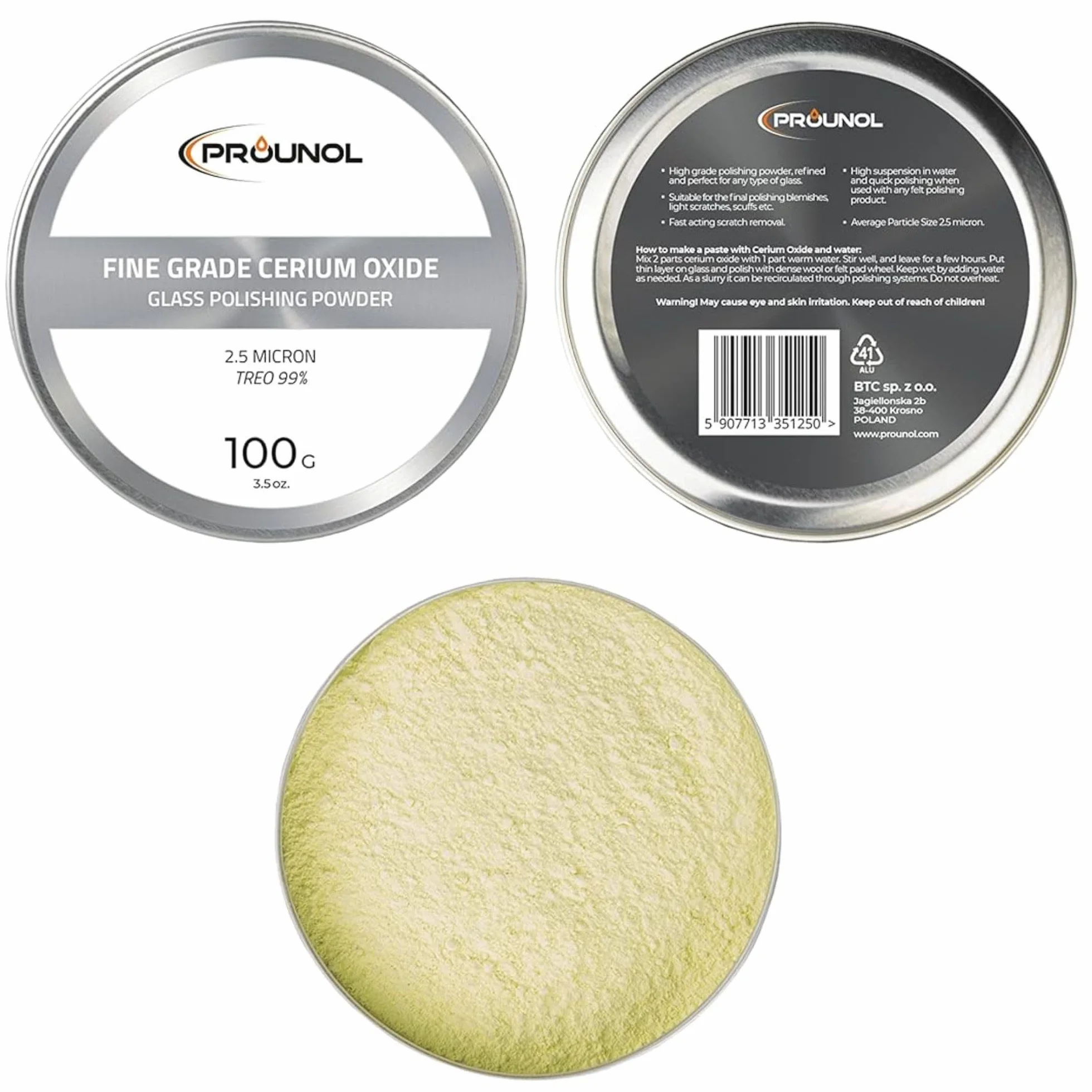 Prounol Tlenek ceru - Cerium Oxide - Proszek do polerowania szkła o wysokiej jakości – TREO 99% – 2,5 mikronów – 100 g