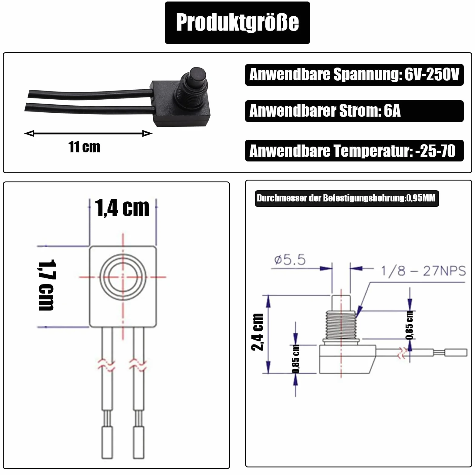 Powice 4 x mini przełącznik z drutem 0-250 V/6 A, okrągły, samozabezpieczający 2-biegunowy mikroprzełącznik 12 V, mikroprzełącznik z wodoodporną pokrywą, przycisk 6 A/12 V, odpowiedni do montażu w