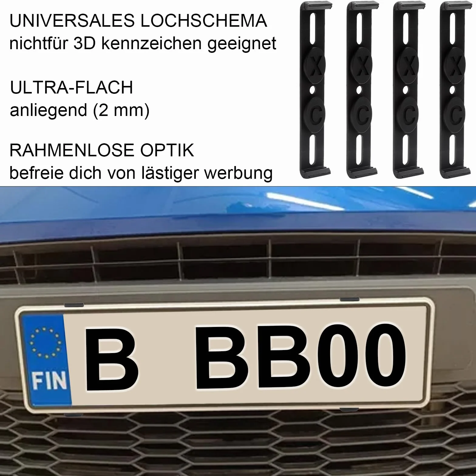 HENGBIRD 4 sztuki bezramowych uchwytów na tablice rejestracyjne ultrapłaskie odporne na warunki atmosferyczne – śruby i podkładki klejące dla bezpiecznego mocowania – łatwa instalacja, idealne