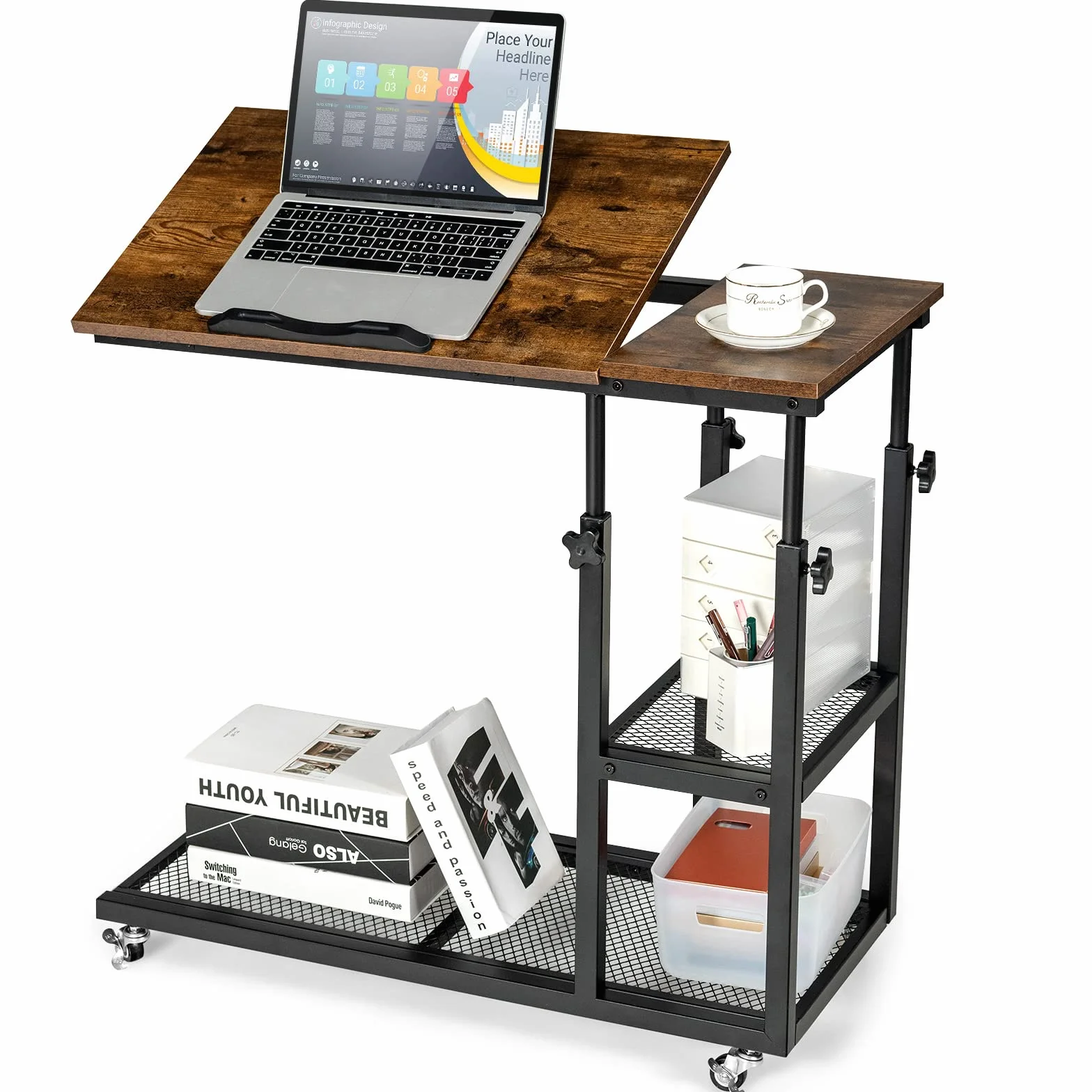 COSTWAY Stolik pod laptopa z regulacją wysokości i nachylenia, 3 poziomy, w kształcie litery C, na kółkach, 80 x 40 x 95 cm, brązowy