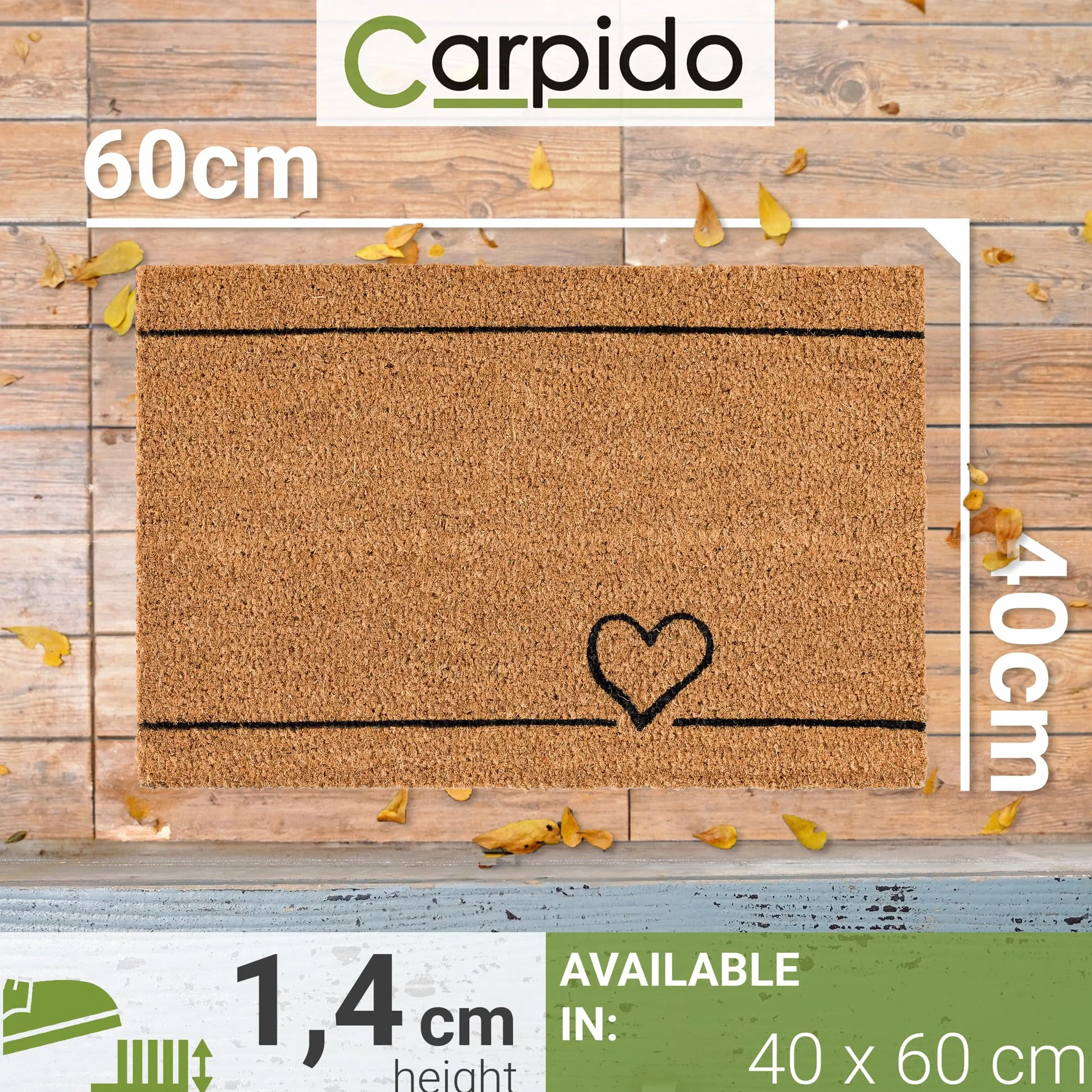 Carpido Wycieraczka kokosowa linia serca – wycieraczka 40 x 60 cm (prostokątna) – antybakteryjna mata wejściowa z naturalnego materiału – 100% kokos do użytku wewnątrz i na zewnątrz