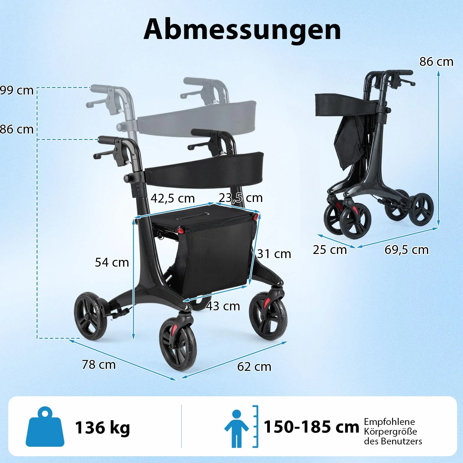 COSTWAY Składany chodzik z siedziskiem 2 w 1 wózek inwalidzki, włókno węglowe, 6-stopniowa regulacja wysokości, opony 20 cm, do 136 kg
