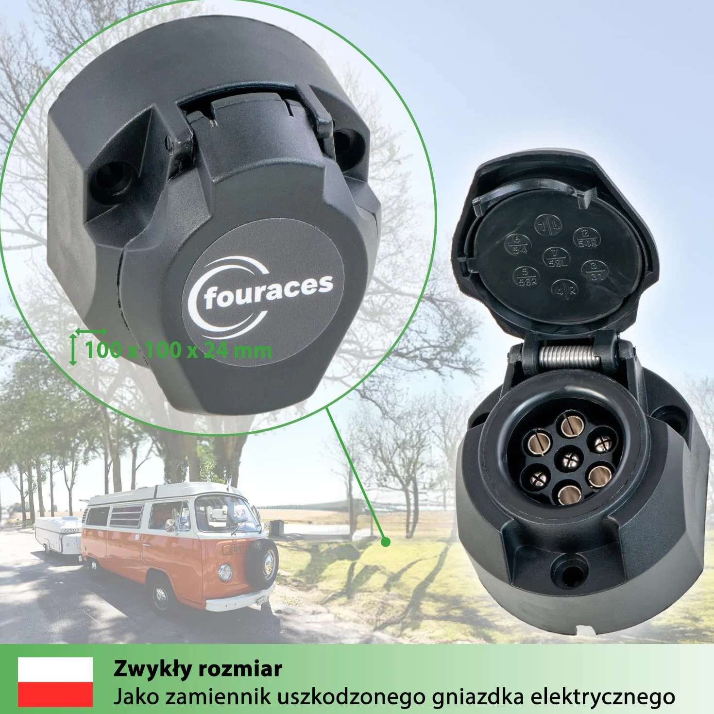 fouraces gniazdo przyczepy - 7-pin, szablon - do samochodów, pojazdów silnikowych i ciągników - sprzęg przyczepy, akcesoria, części zamienne, gniazdo, czarne