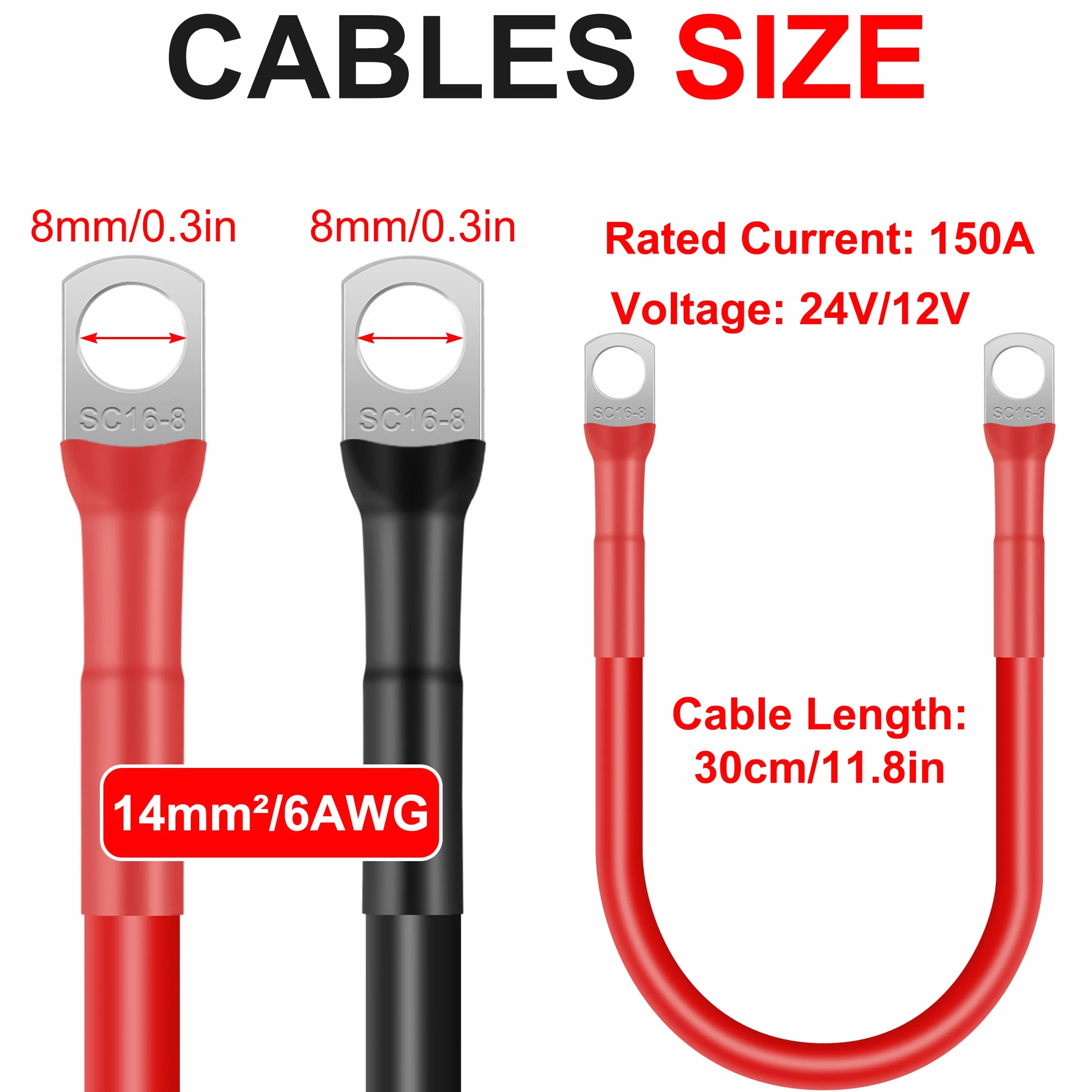 kable akumulatorowe 14mm² 30cm kabel do akumulatora 12V 6AWG miedziany z kleszczami M8 do samochodu, motocykla, jednostki morskiej, solarnej, kolor: czarny i czerwony, 2 sztuki