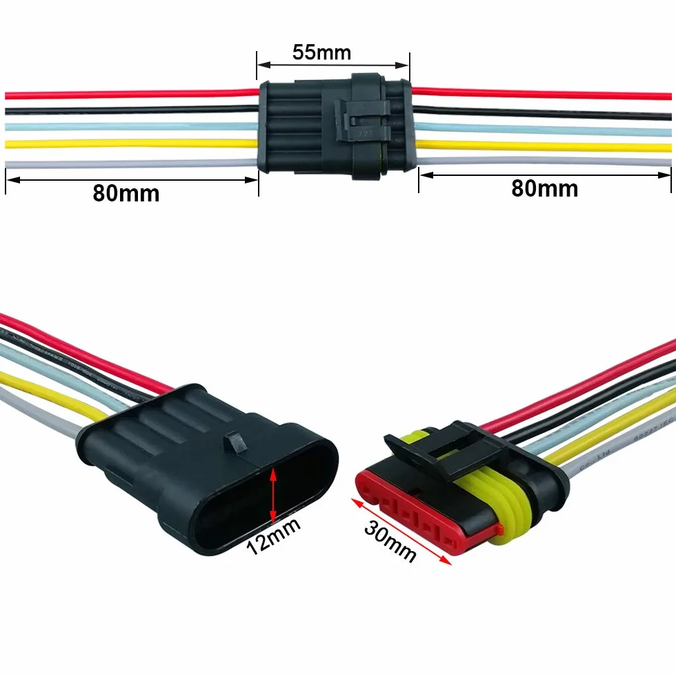 2 Zestaw 5 Pin Wodoodporny Złącze Elektryczny Samochodu, Uszczelniony Wodoodporny Elektryczny Złącze Wtyczka Gniazdo Zestaw z 16 AWG Wstępnie Okablowany, do Samochód Ciężarówka Łódź