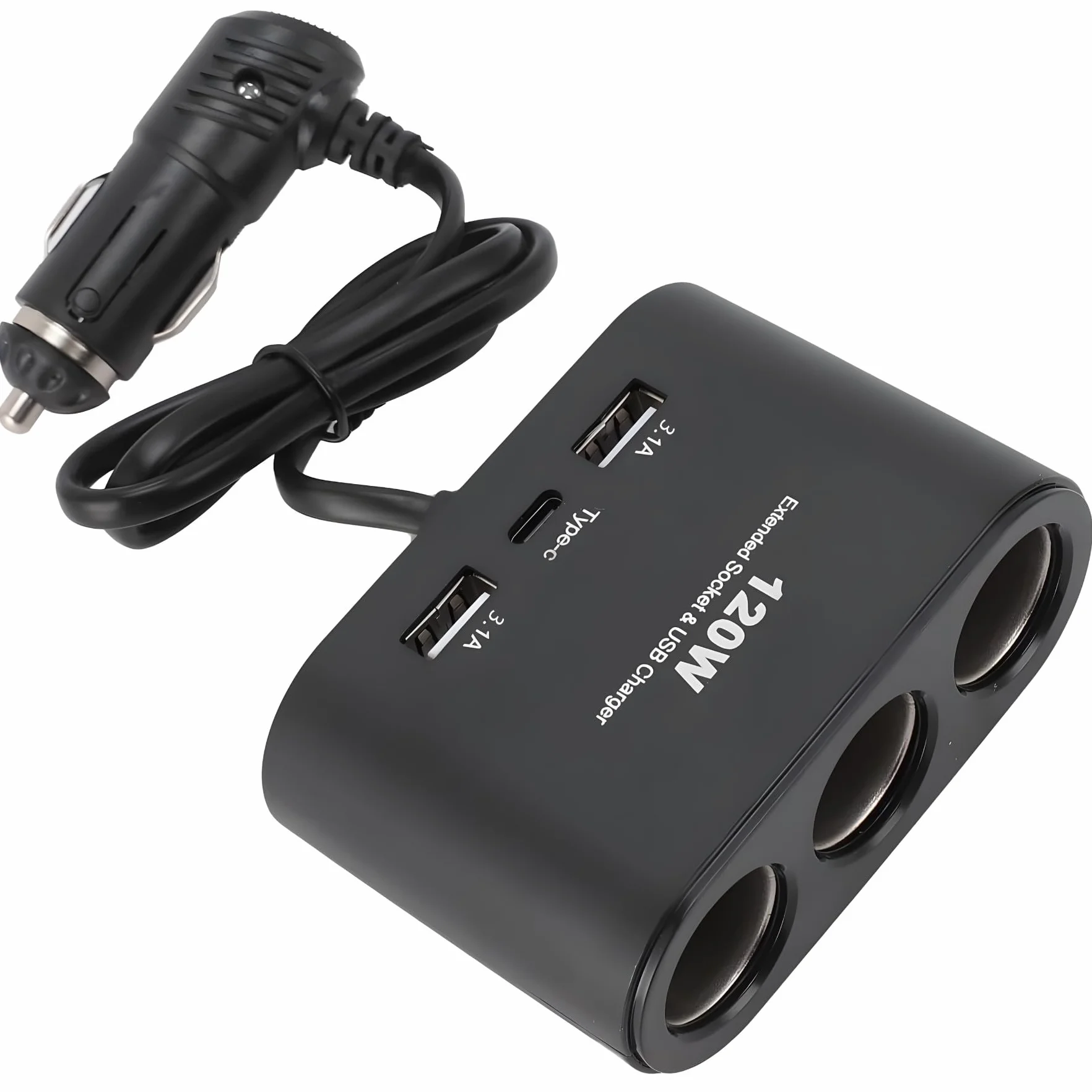 Retoo rozdzielacz zapalniczki 3-gniazdowy, ładowarka samochodowa z 2x USB 1x Type C, adapter z kablem splitter 23cm, gniazdo 12V 24V 120W Power Delivery Quick Charge do samochodu, ciężarówki, campera