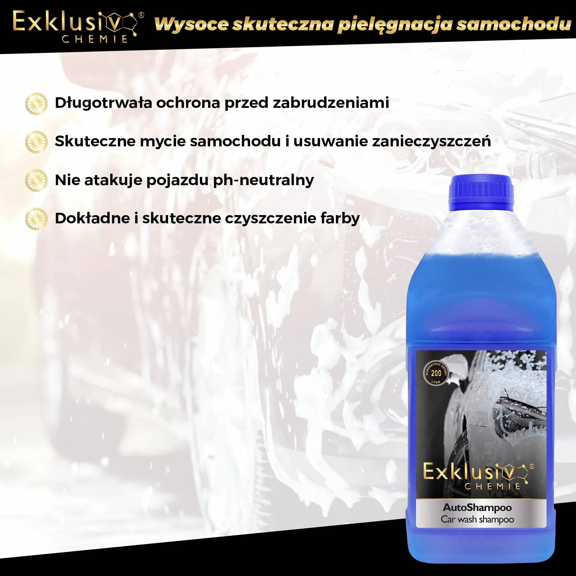 Exklusiv Chemie® Szampon samochodowy koncentrat 1000ml do myjni samochodowej | Szampon samochodowy | Koncentrat myjący o neutralnym pH | Nabłyszczanie lakieru i szyb samochodowych | Wydajność 200 litrów
