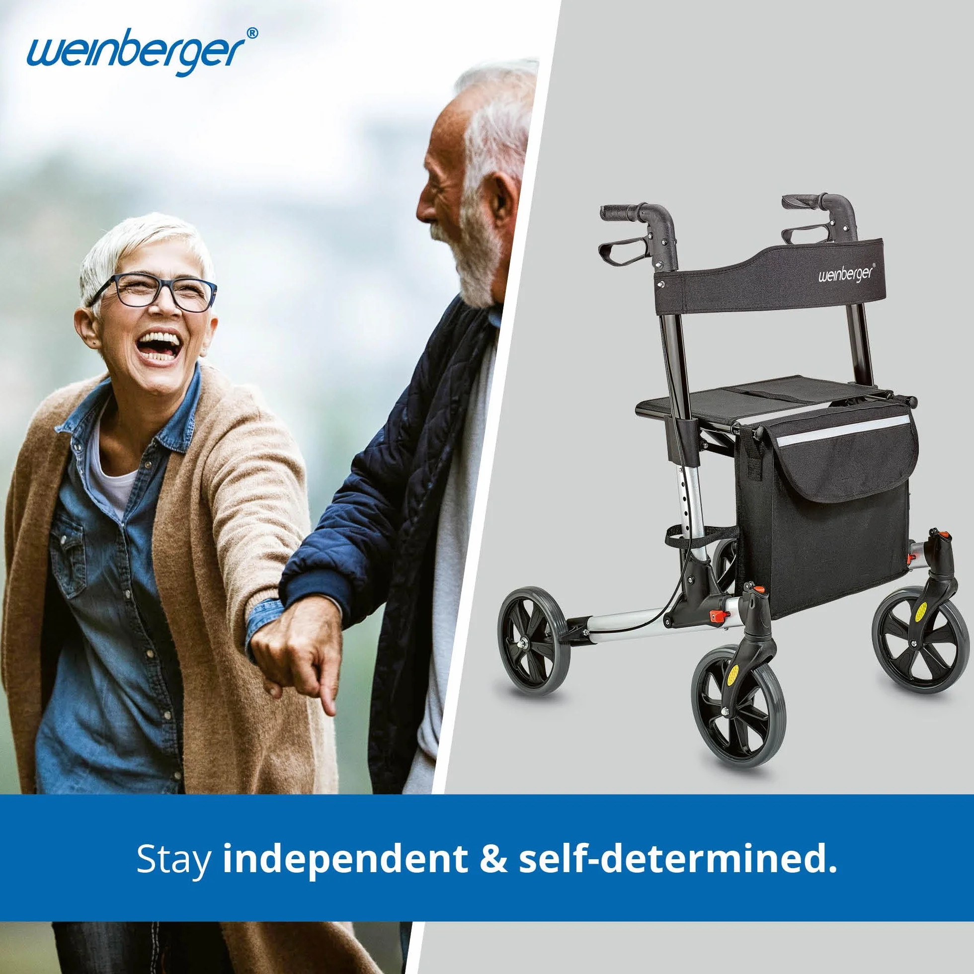 WEINBERGER leichter klappbarer Alu-Rollator all-Inclusive mit Tasche Stockhalter Bremsen, 7,3 kg, höhenverstellbar, Silber-Schwarz