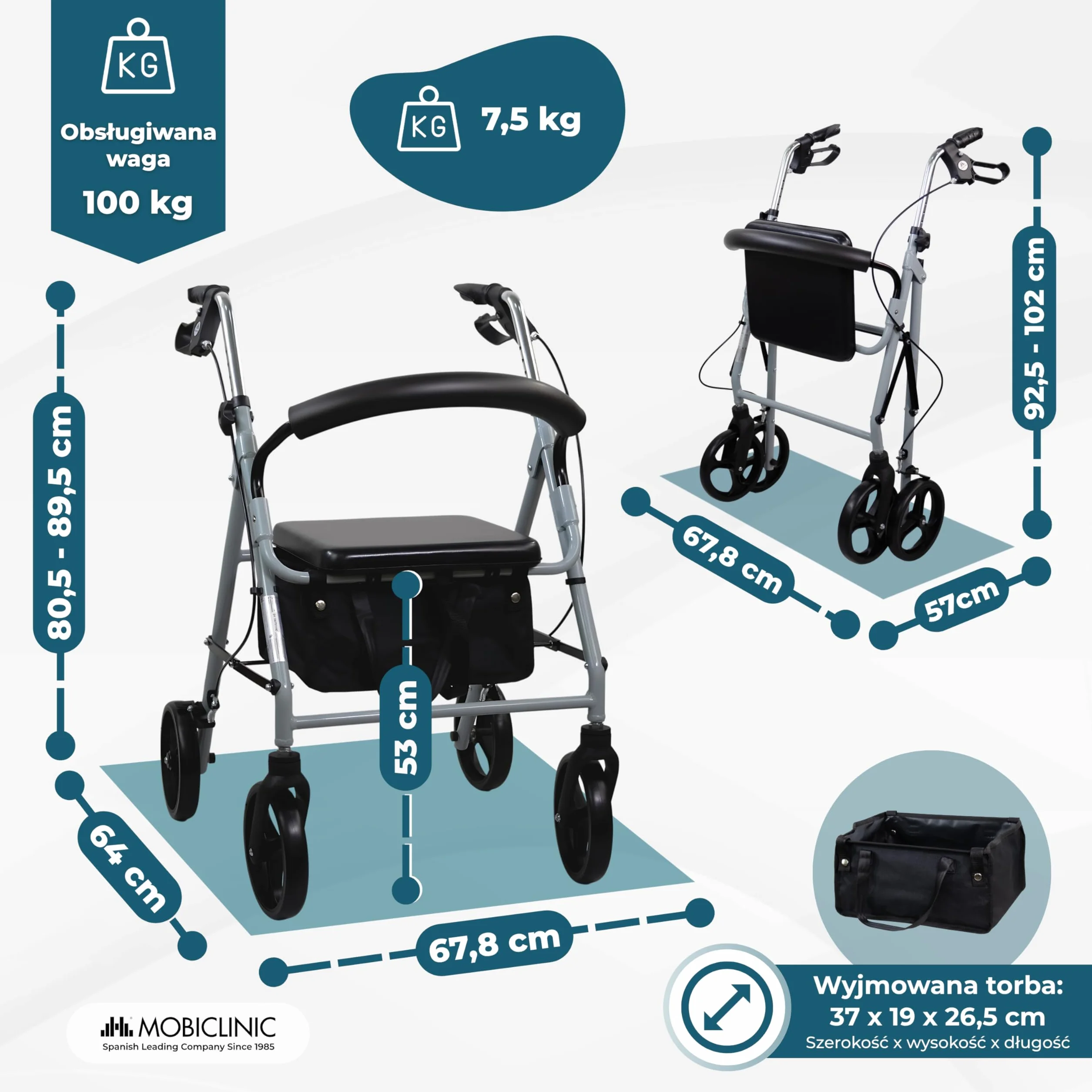 Mobiclinic® Sofia Rollator z 4 kółkami Chodzik Aluminium Składany Siedzisko Szary