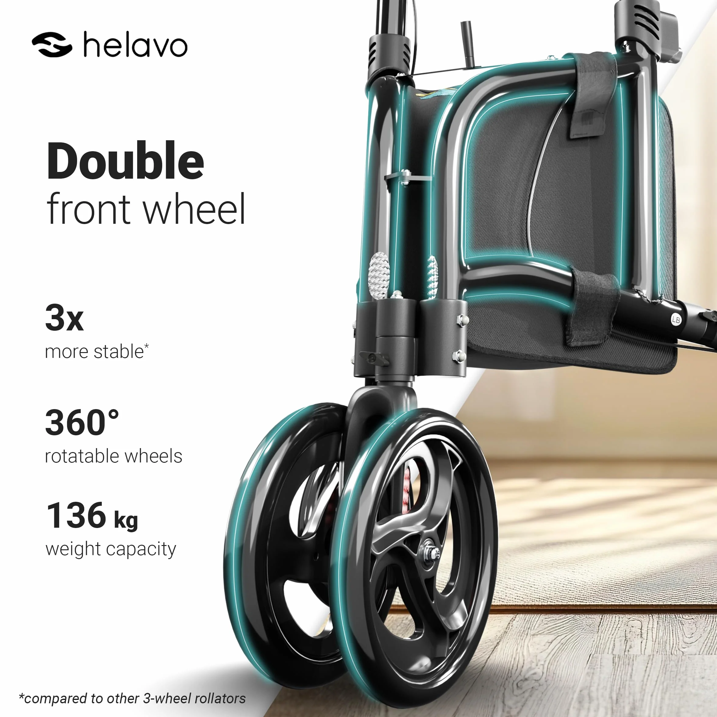 Helavo Roller 3-kołowy 5,5 kg Aluminiowy Płaski Wewnętrzny Wąski z Podwójnymi Przednimi Kołami