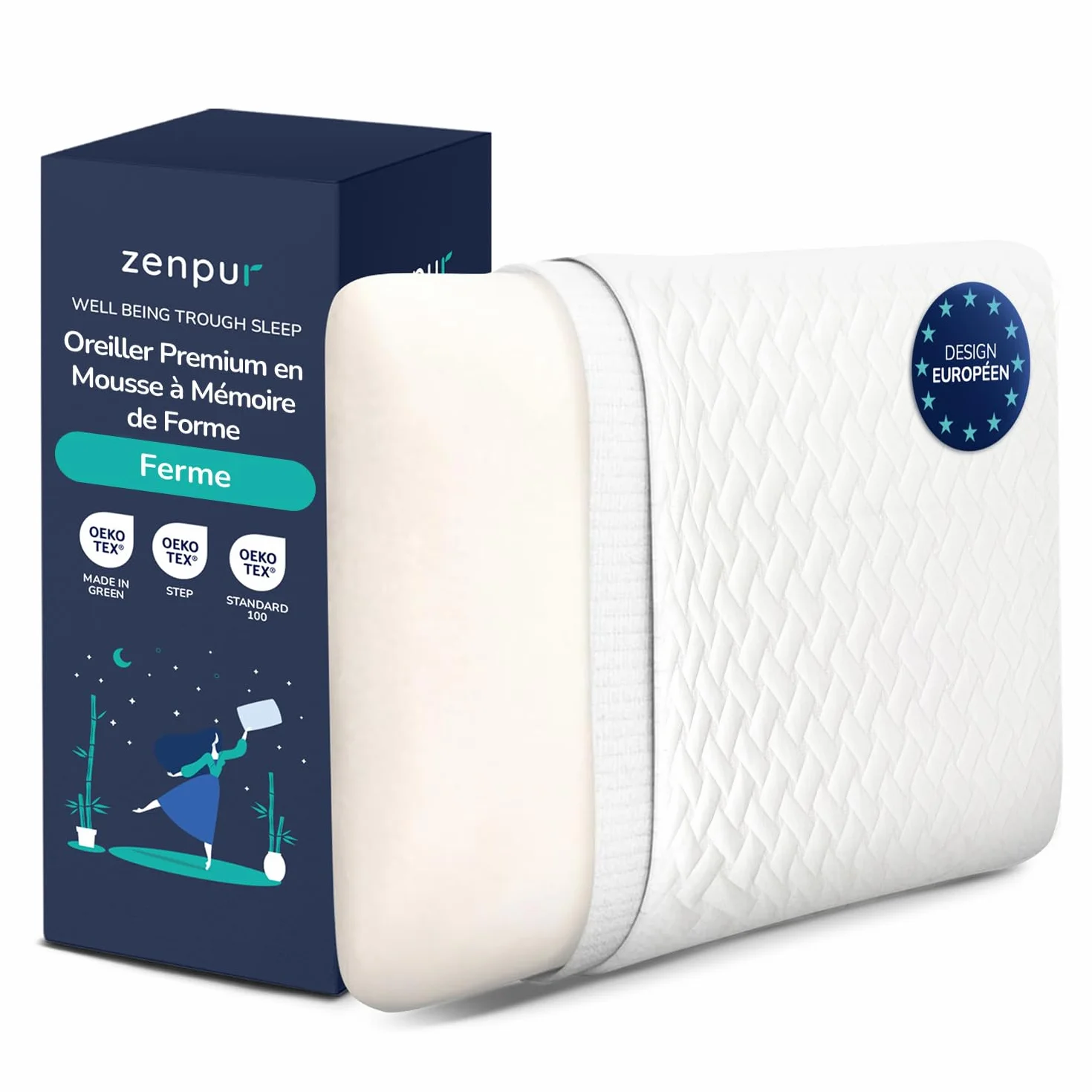 ZenPur Oreiller Ergonomique Cervical Orthopédique, Coussin Mémoire de Forme, Anti Acarien & Ronflement, Housse Bambou, Fabriqué EU