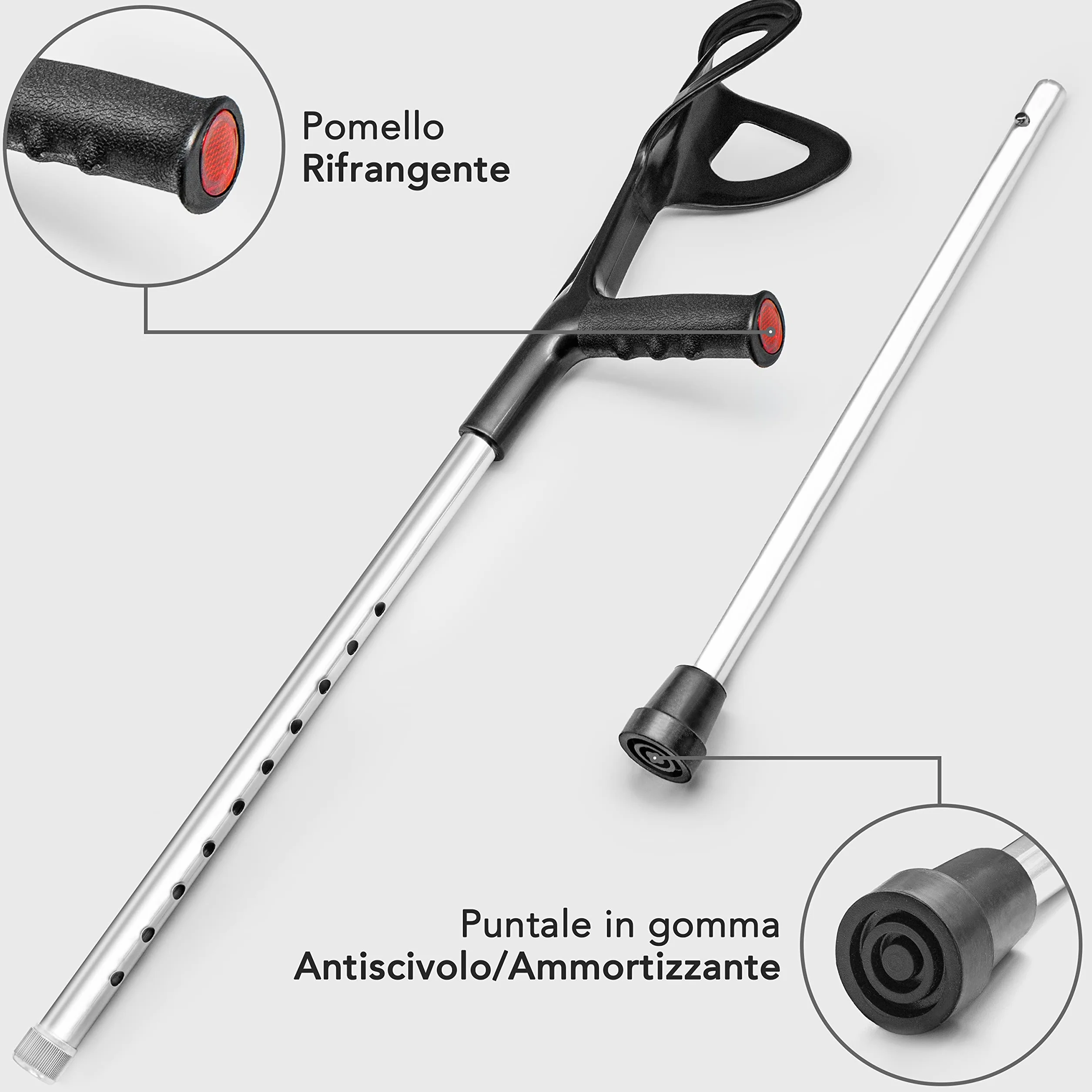 AIESI Lekkie kule ortopedyczne z regulacją wysokości anodyzowane aluminium czarne 2 szt.