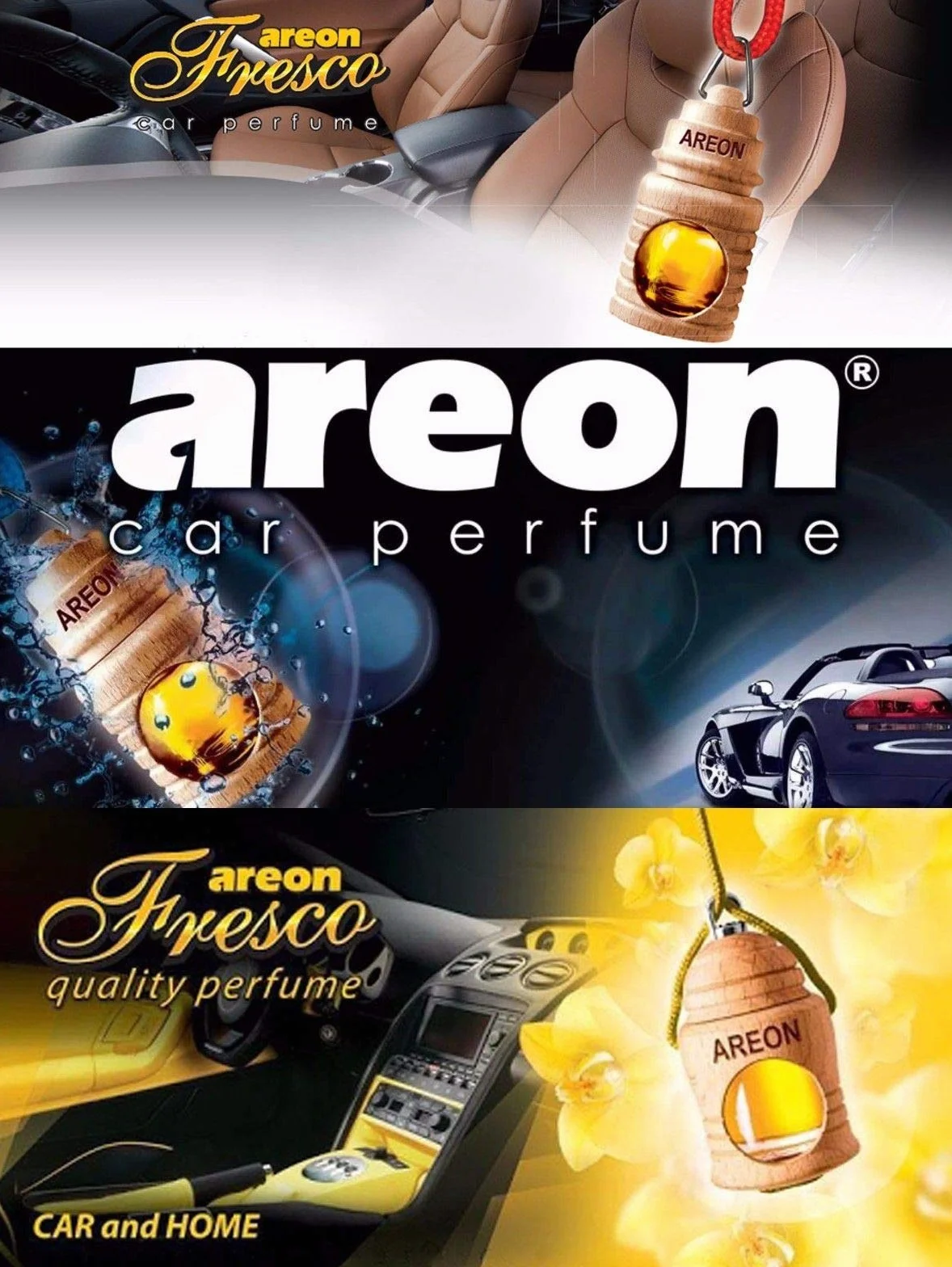 Areon Fresco zapach do samochodu, czarny kryształ, wiszący, szklany, flakon zapachowy, drewno, zawieszka w lusterku, 4 ml (opakowanie x 3)
