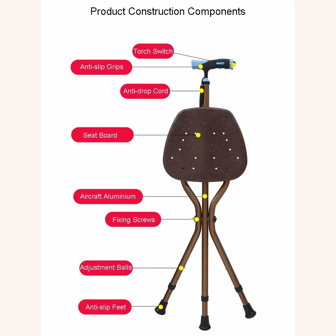 GX Non-Slip Cane Seat, Height Adjustable Crutch Chair with LED Light, Folding Aluminium Alloy Walking Stick with Seat for Seniors