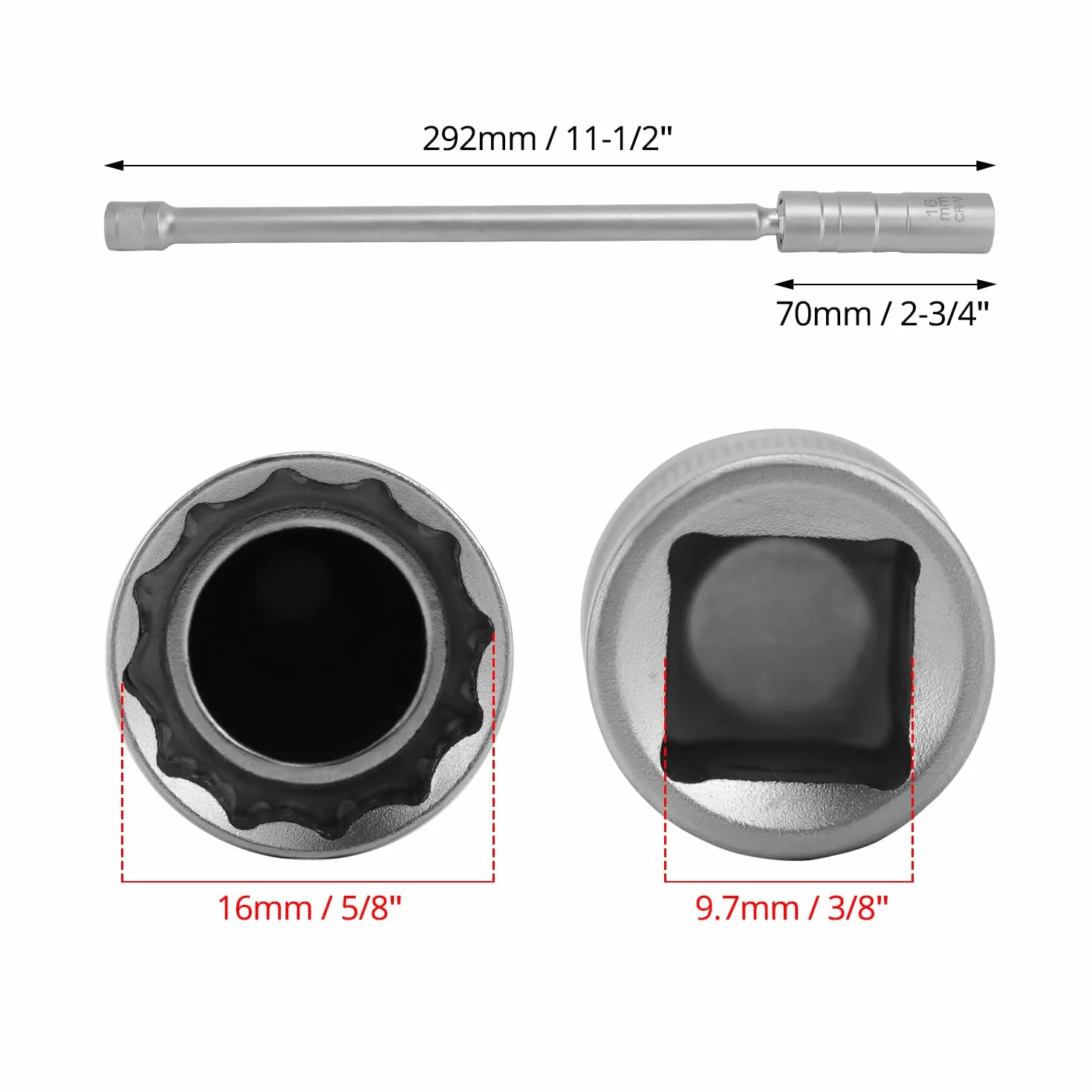 QWORK® Klucz do świecy zapłonowej 16 mm, 12 stron, 3/8", obrotowe gniazdo magnetyczne 360°, cienka ścianka i długi trzonek