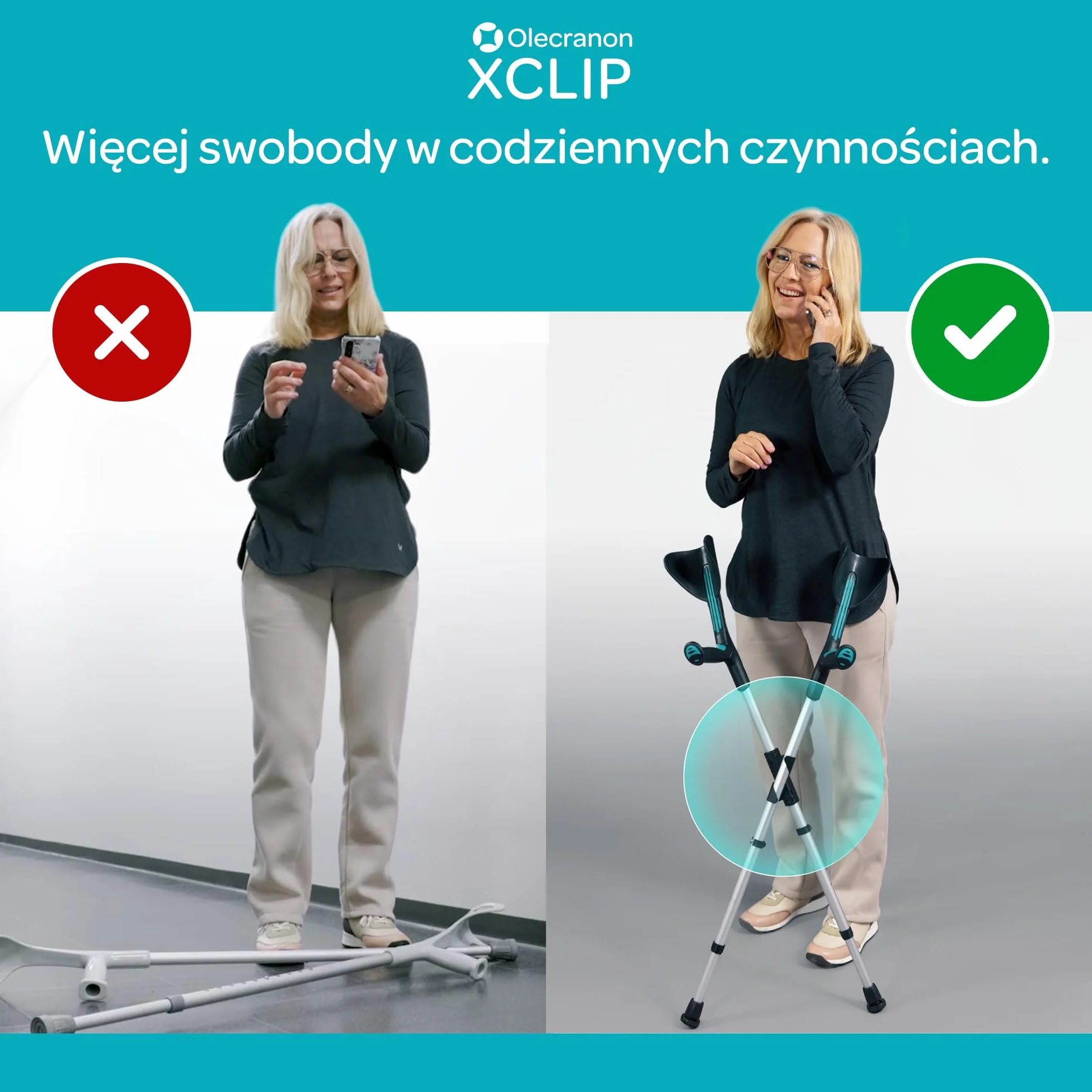 Podpórka pod pachami do okrągłych kijków do chodzenia 64-72 mm, konstrukcja X, lekki przenośny uchwyt