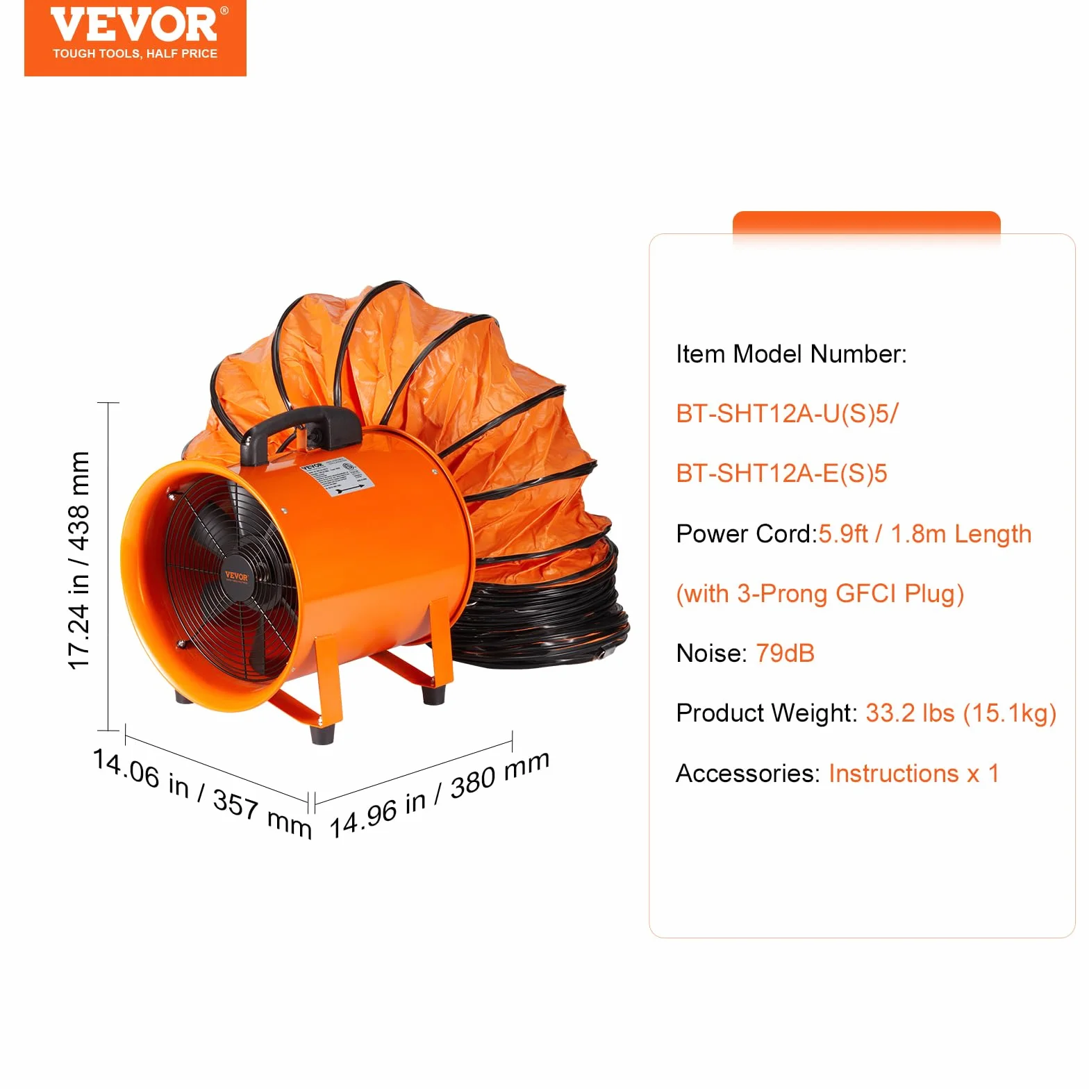 VEVOR wentylator wyciągowy przemysłowy 367 W 304,8 mm 5 m 4373 m3/h
