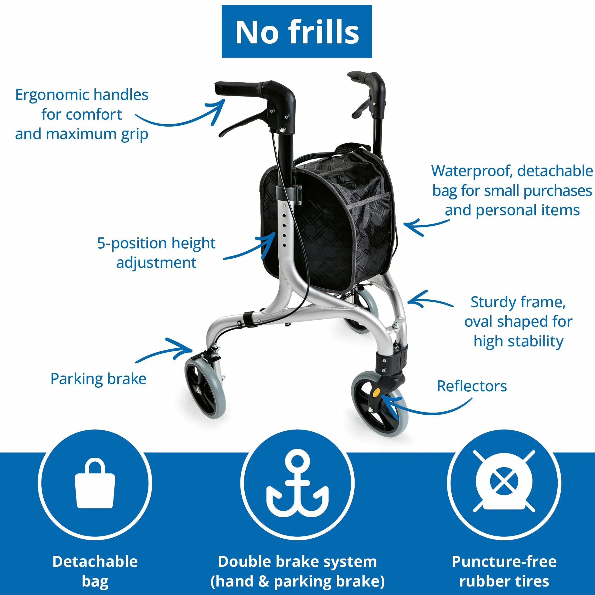 WEINBERGER Aluminium Rollator faltbar 3 Räder 4,2 kg Silber-Schwarz Modell 02217
