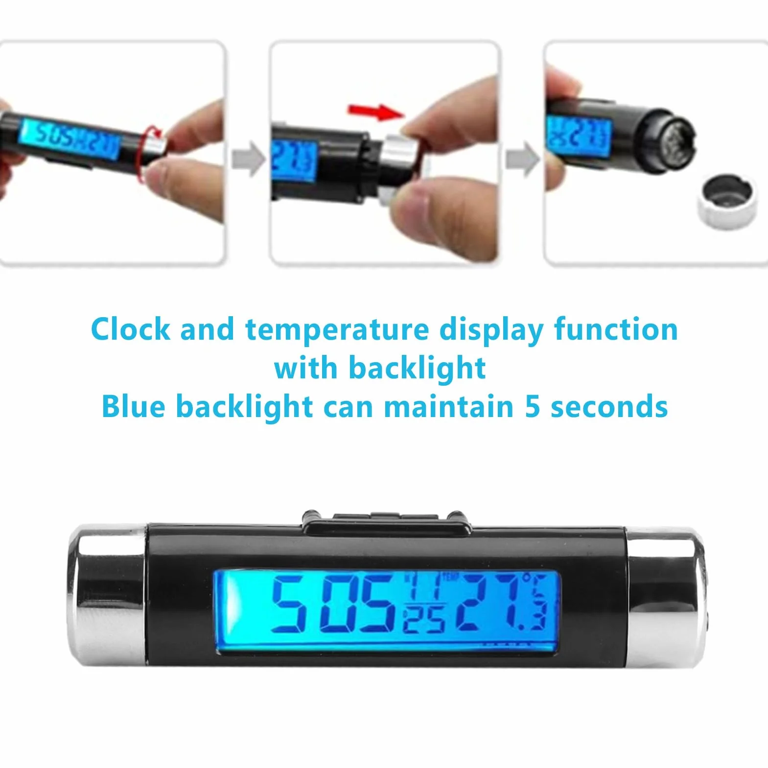 Wyświetlacz LCD cyfrowy zegar samochodowy termometr i miernik temperatury samochodowy mini zegar monitor z podświetleniem do ciężarówek, Niebieskie podświetlenie
