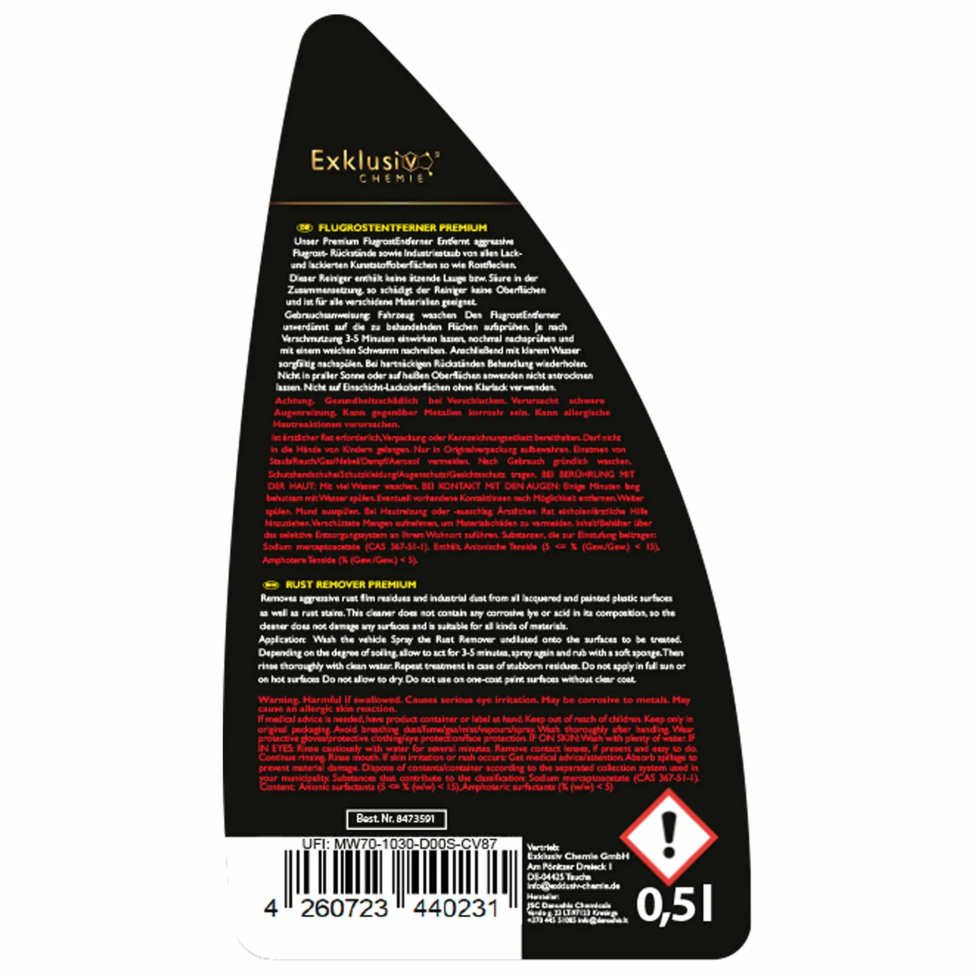 Exklusiv Chemie® Odrdzewiacz Samochodowy Premium 500ml | Środek do usuwania rdzy z lakieru samochodowego | Środek do czyszczenia samochodów usuwający rdzę nalotową, małe plamy rdzy i pył przemysłowy