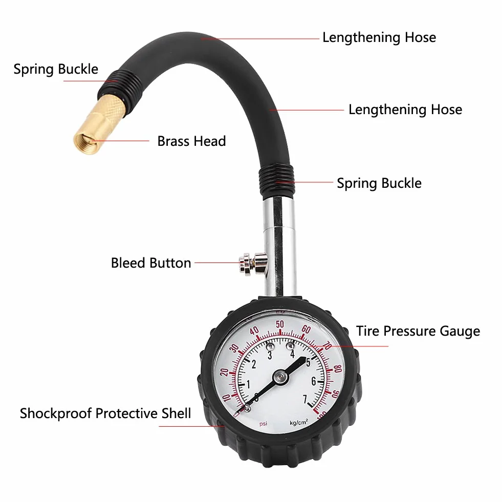 Akozon - Manometr do opon samochodów osobowych, ciężarowych, motocykli, rowerów (0-100psi, 0-7kg / cm2)