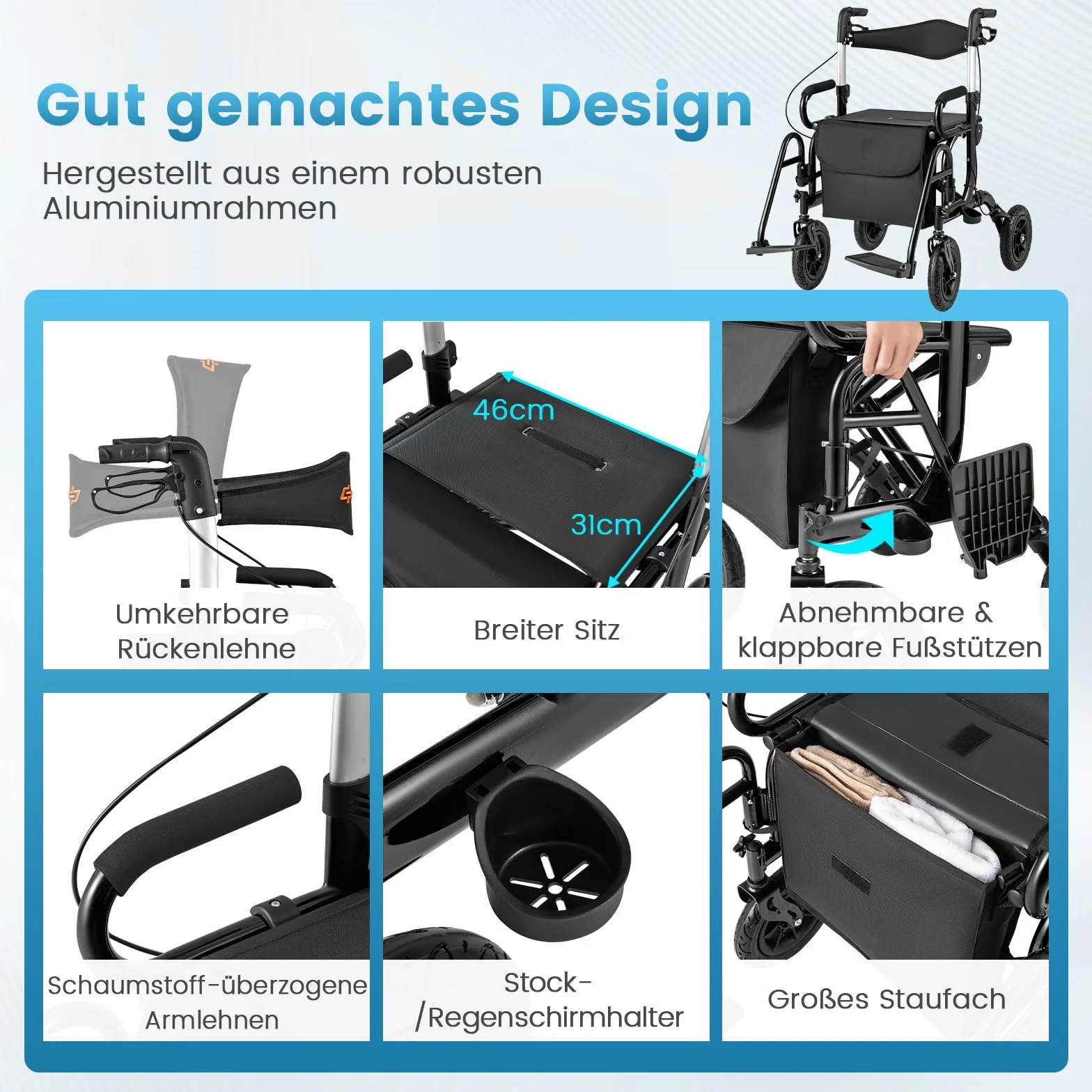 COSTWAY Chodzik z oponami pneumatycznymi składany lekki z siedziskiem wózek inwalidzki rollator 2 w 1 aluminium do 140 kg 6-stopniową regulacją wysokości