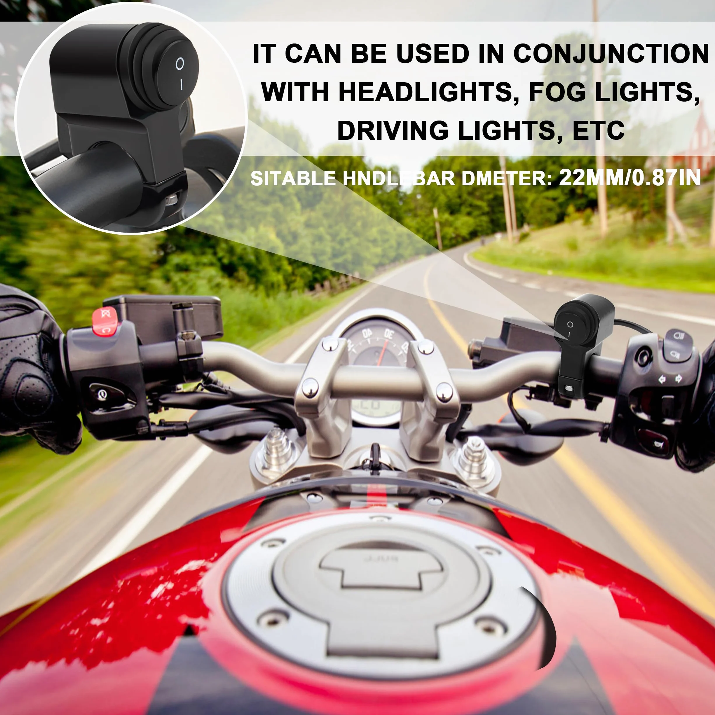Włącznik na kierownicę motocyklową, 12 V-24 V, ATV, odporny na rozpryskiwanie, do reflektorów przeciwmgielnych, hamulców, do kierownicy 7/8" (22 mm)